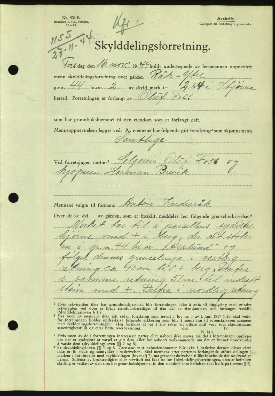 Fosen sorenskriveri, AV/SAT-A-1107/1/2/2C: Mortgage book no. A3, 1943-1945, Diary no: : 1155/1944
