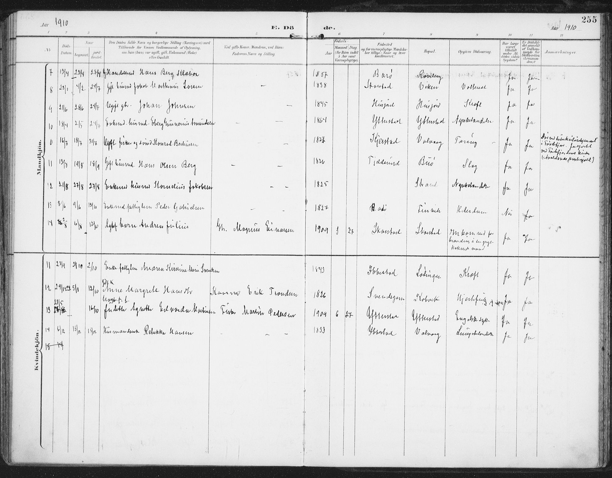 Ministerialprotokoller, klokkerbøker og fødselsregistre - Nordland, AV/SAT-A-1459/872/L1036: Parish register (official) no. 872A11, 1897-1913, p. 255