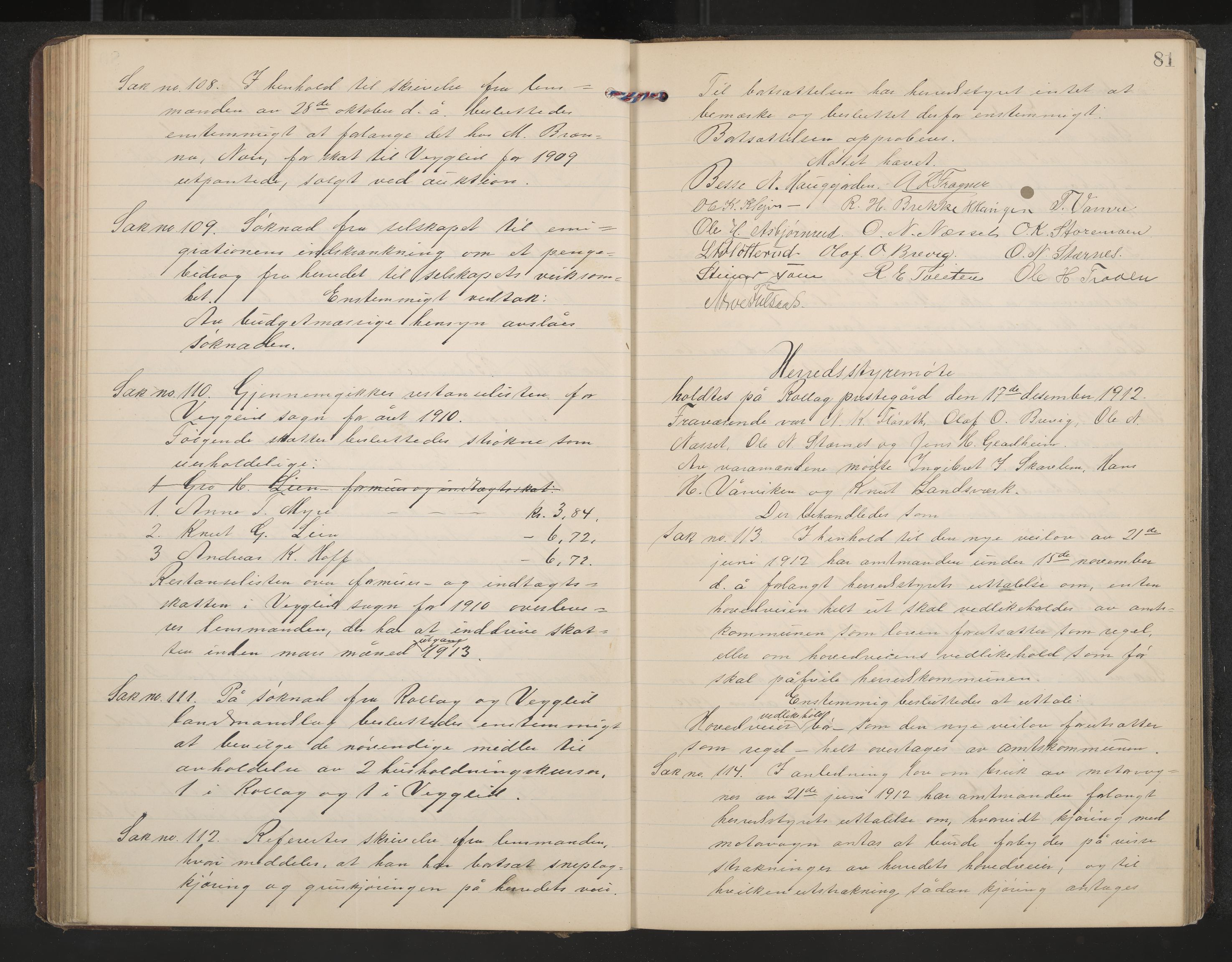 Rollag formannskap og sentraladministrasjon, IKAK/0632021-2/A/Aa/L0005: Møtebok, 1909-1915, p. 81