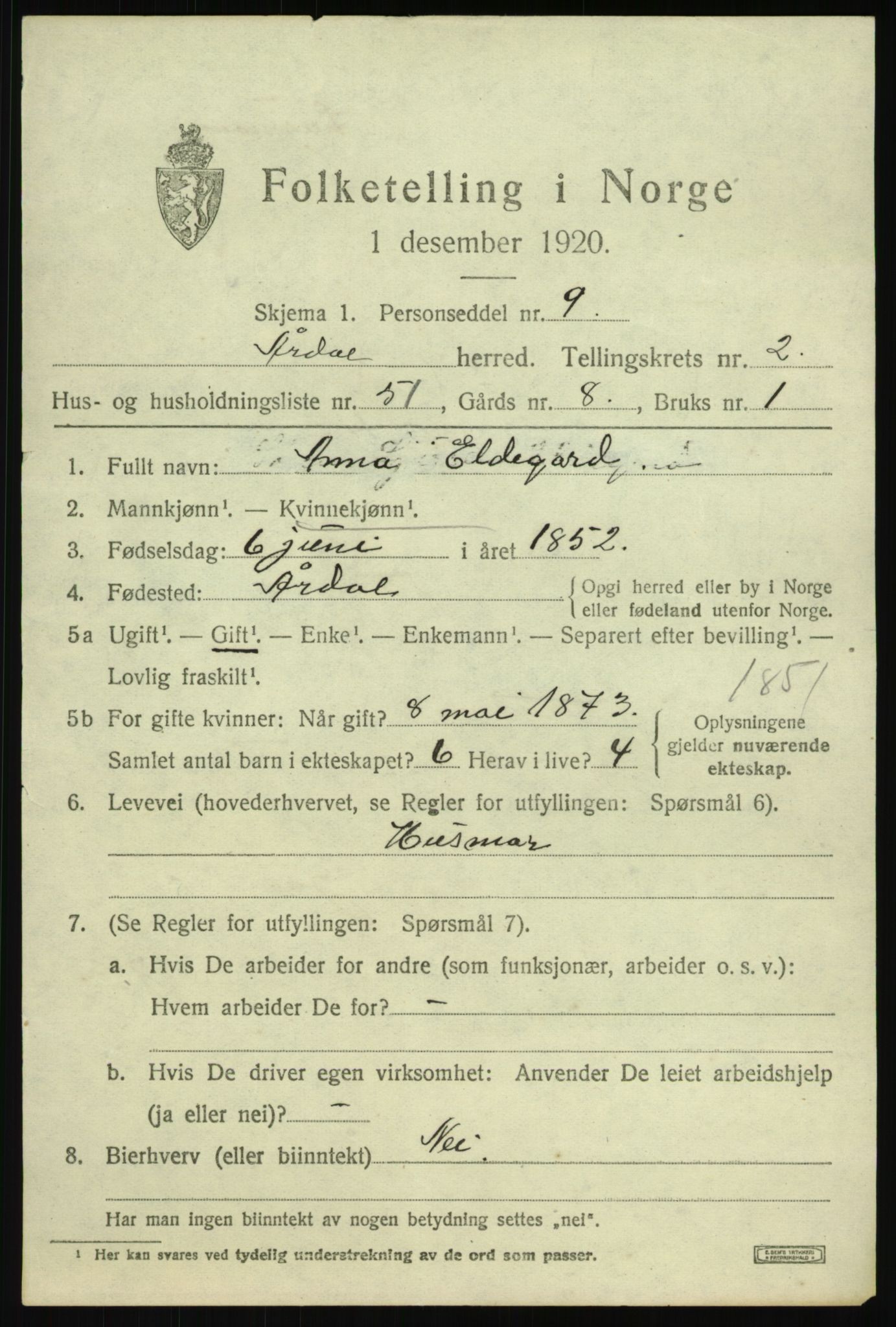 SAB, 1920 census for Årdal, 1920, p. 1503