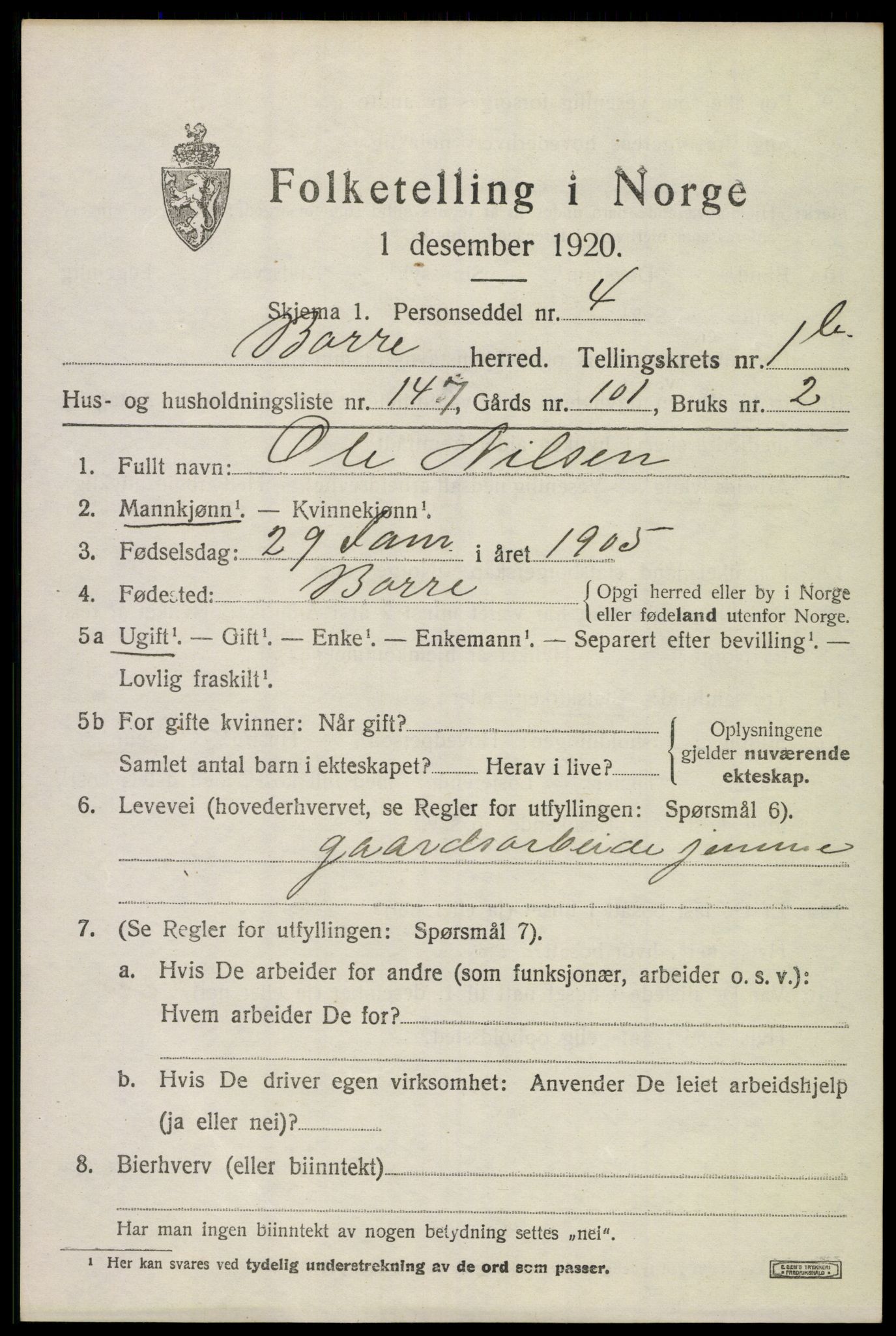 SAKO, 1920 census for Borre, 1920, p. 4154