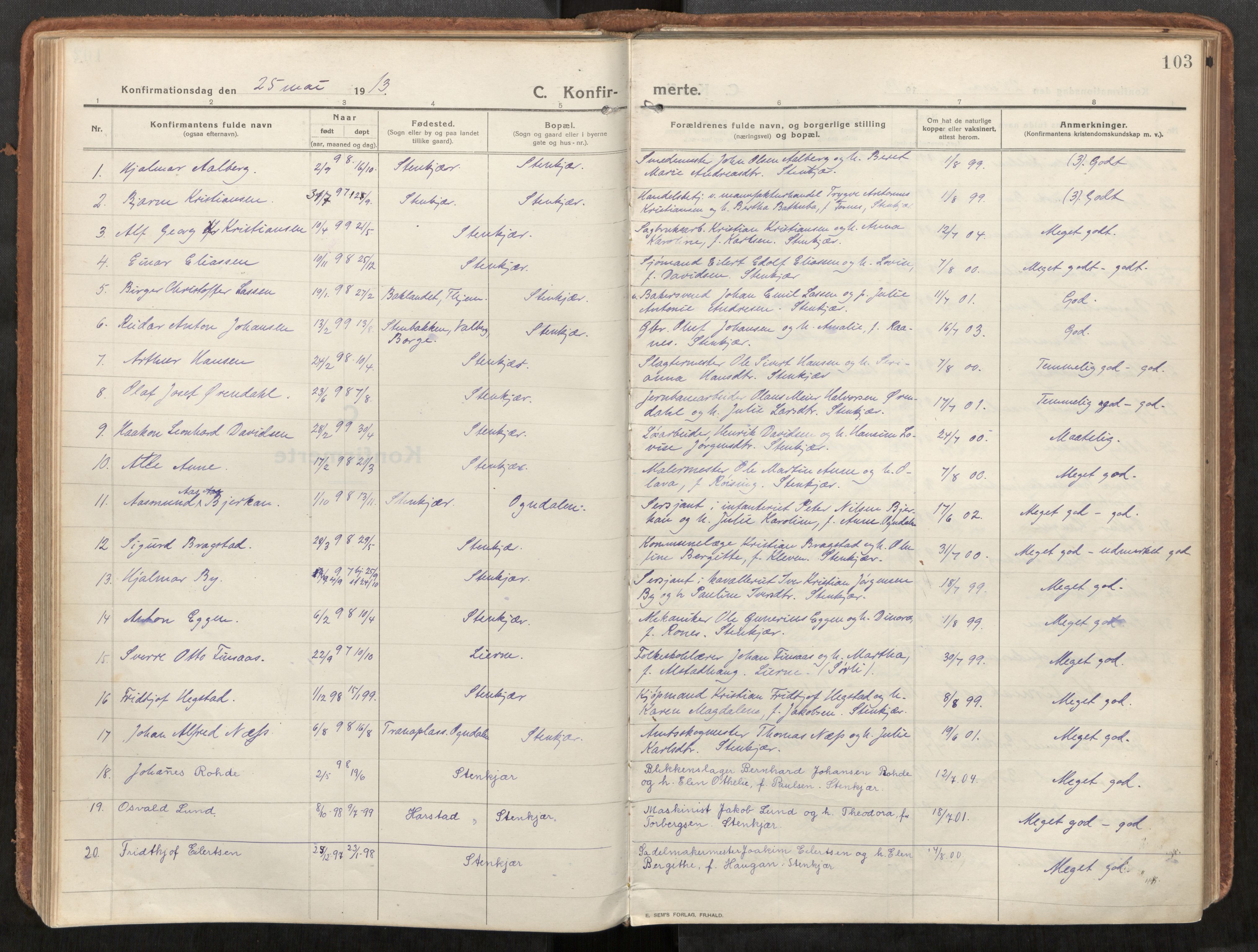 Steinkjer sokneprestkontor, SAT/A-1541/01/H/Ha/Haa/L0003: Parish register (official) no. 3, 1913-1922, p. 103