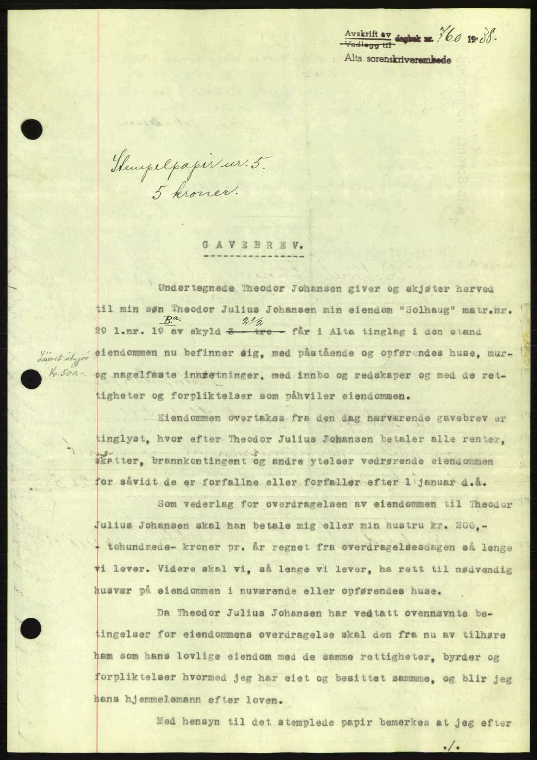 Alta fogderi/sorenskriveri, SATØ/SATØ-5/1/K/Kd/L0031pantebok: Mortgage book no. 31, 1938-1939, Diary no: : 760/1938