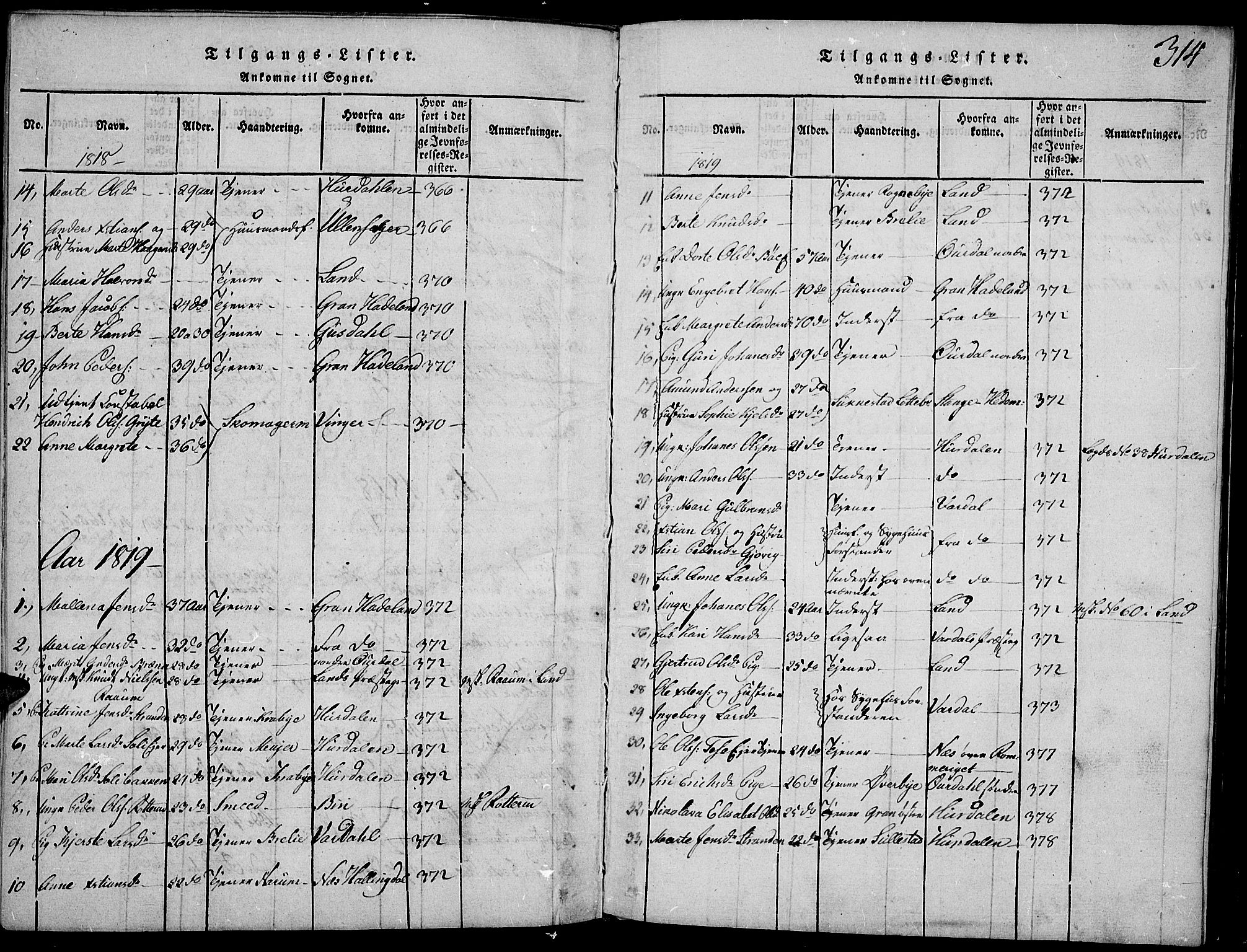 Toten prestekontor, SAH/PREST-102/H/Ha/Haa/L0009: Parish register (official) no. 9, 1814-1820, p. 314