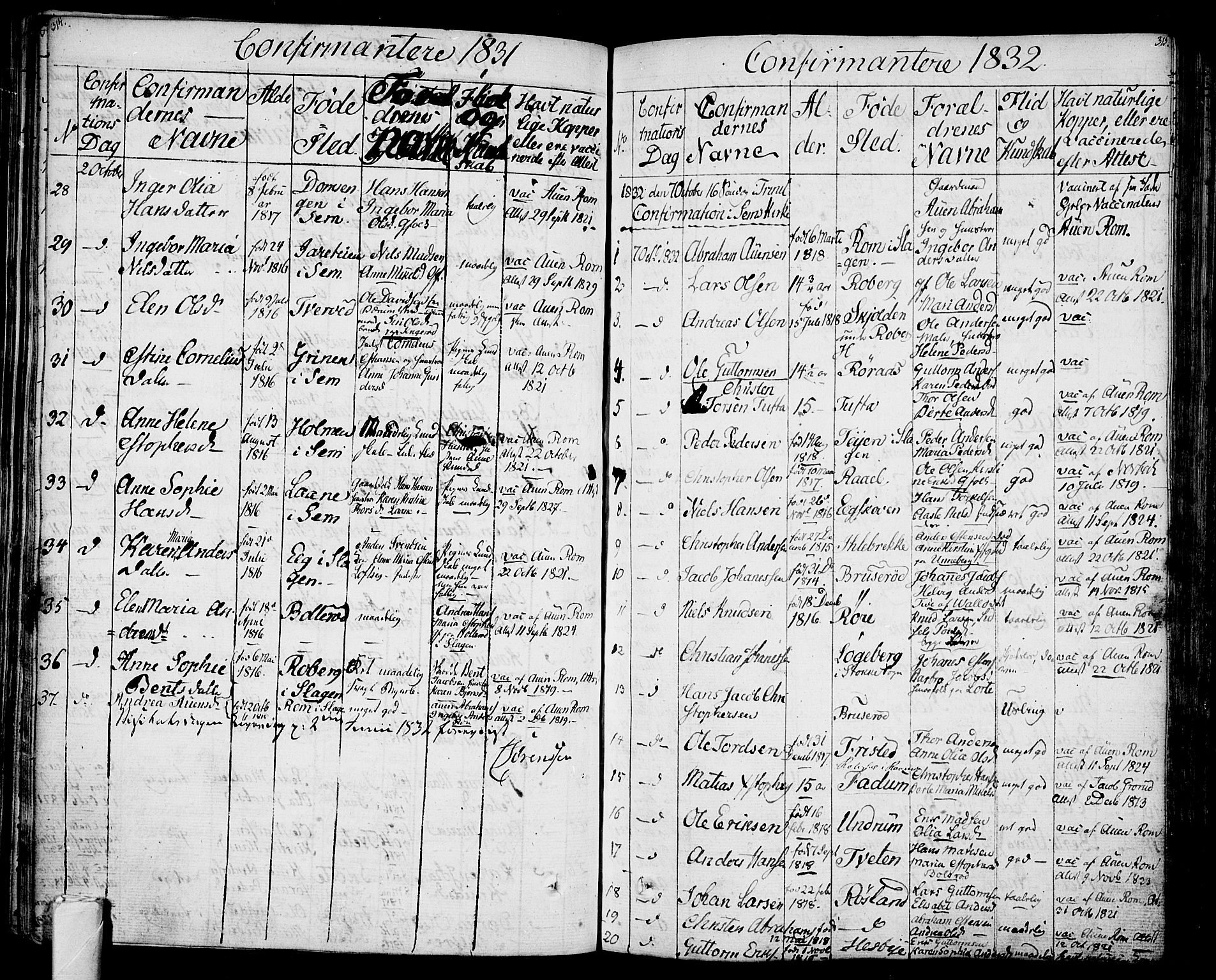 Sem kirkebøker, SAKO/A-5/F/Fa/L0005: Parish register (official) no. I 5, 1825-1842, p. 314-315