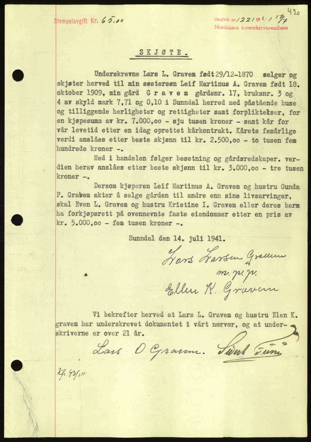 Nordmøre sorenskriveri, SAT/A-4132/1/2/2Ca: Mortgage book no. A90, 1941-1941, Diary no: : 1221/1941
