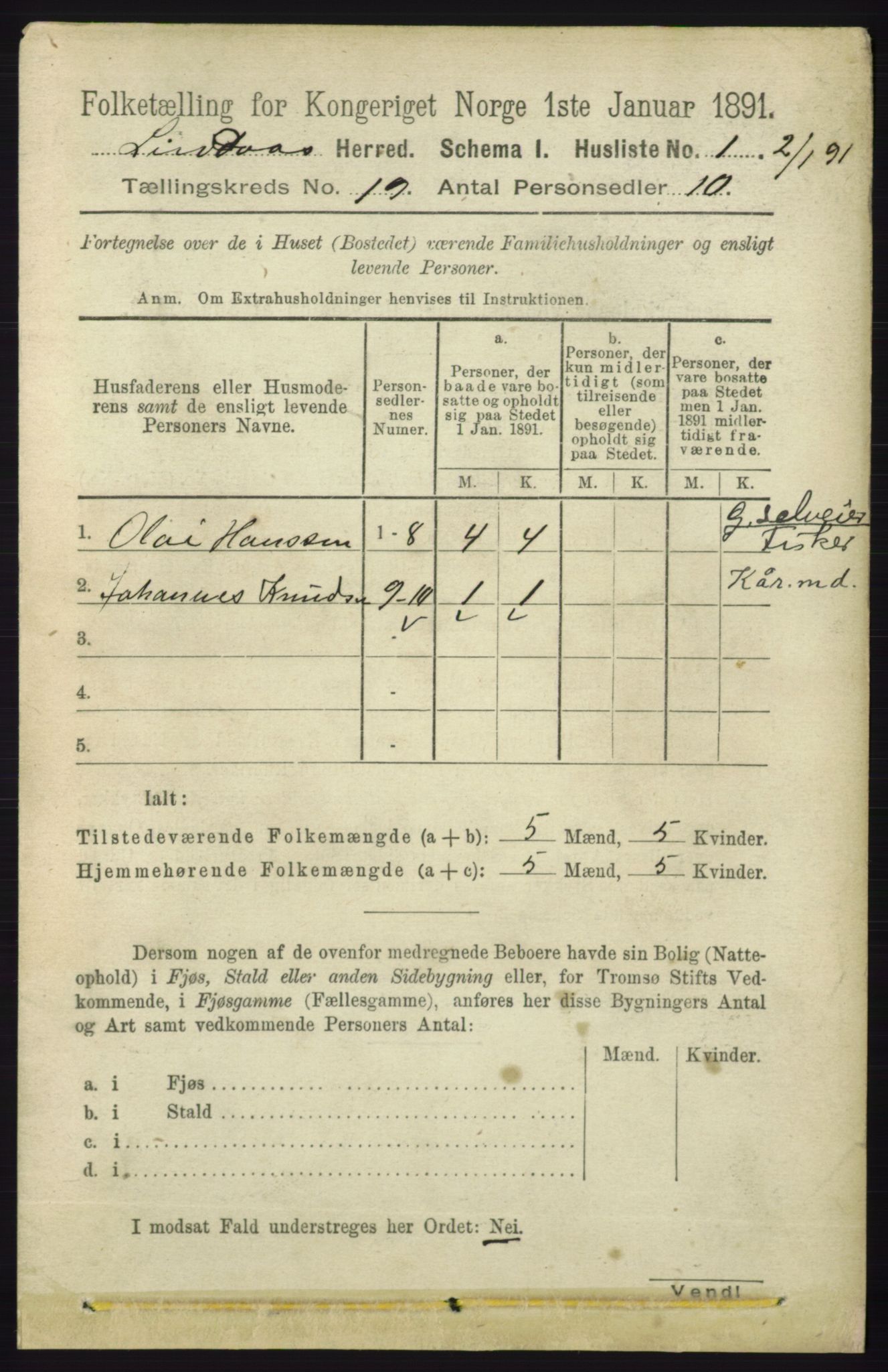 RA, 1891 census for 1263 Lindås, 1891, p. 6873