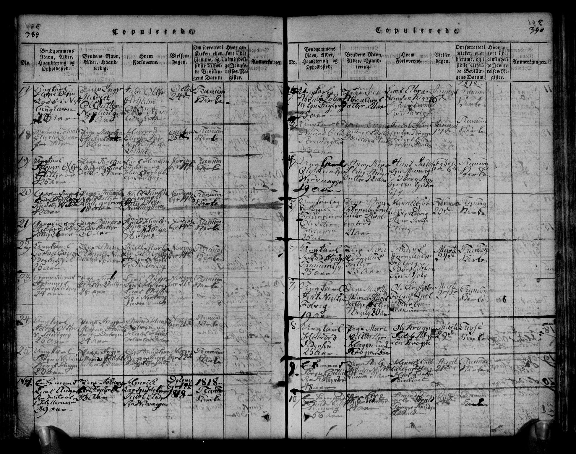 Brunlanes kirkebøker, SAKO/A-342/G/Ga/L0001: Parish register (copy) no. I 1, 1814-1834, p. 389-390