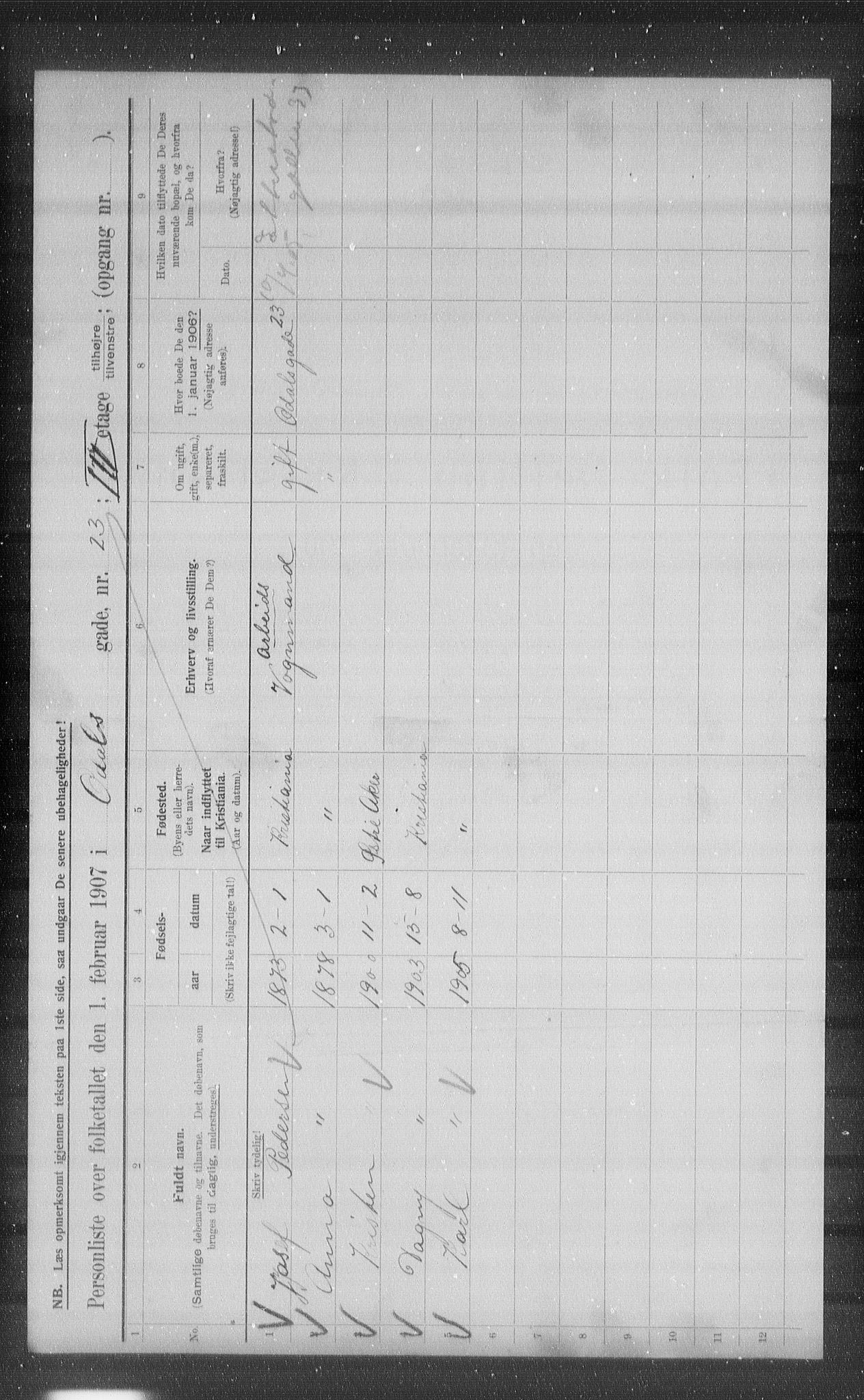 OBA, Municipal Census 1907 for Kristiania, 1907, p. 38189