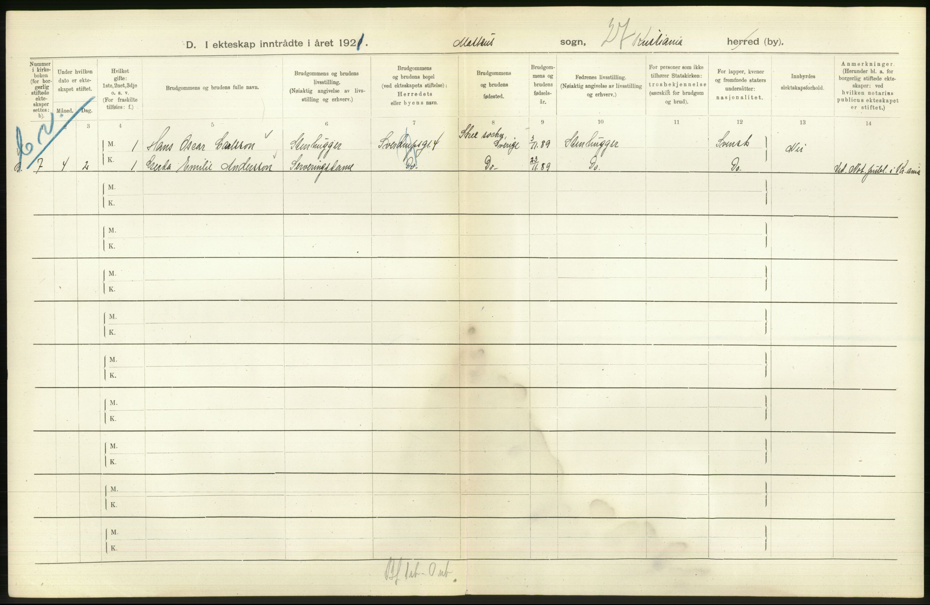 Statistisk sentralbyrå, Sosiodemografiske emner, Befolkning, AV/RA-S-2228/D/Df/Dfc/Dfca/L0011: Kristiania: Gifte, 1921, p. 496