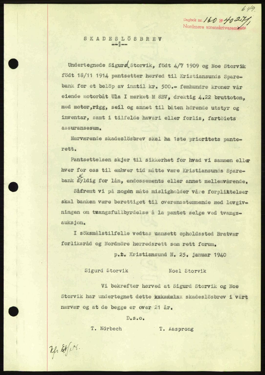 Nordmøre sorenskriveri, AV/SAT-A-4132/1/2/2Ca: Mortgage book no. B86, 1939-1940, Diary no: : 160/1940