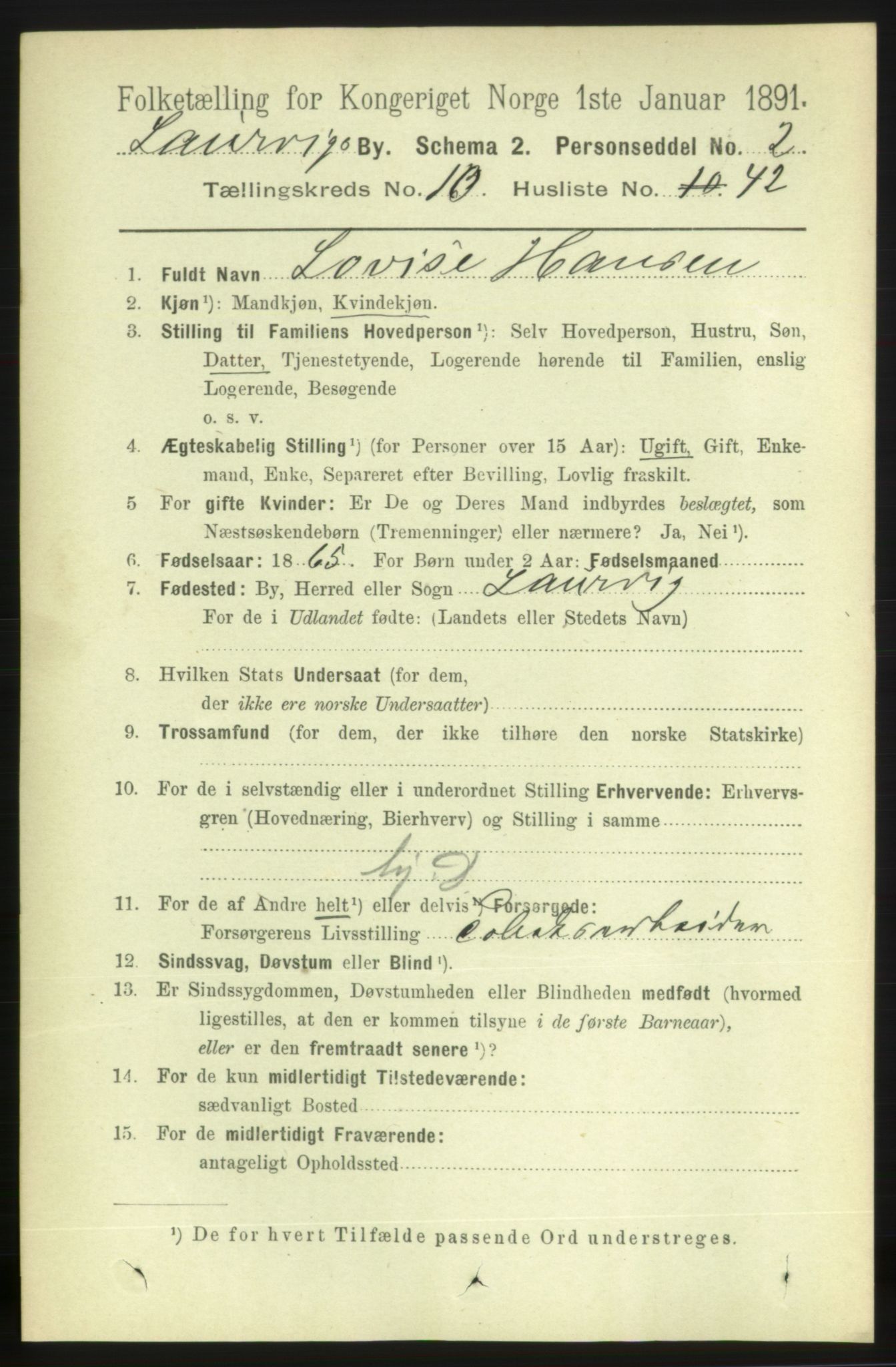 RA, 1891 census for 0707 Larvik, 1891, p. 9446