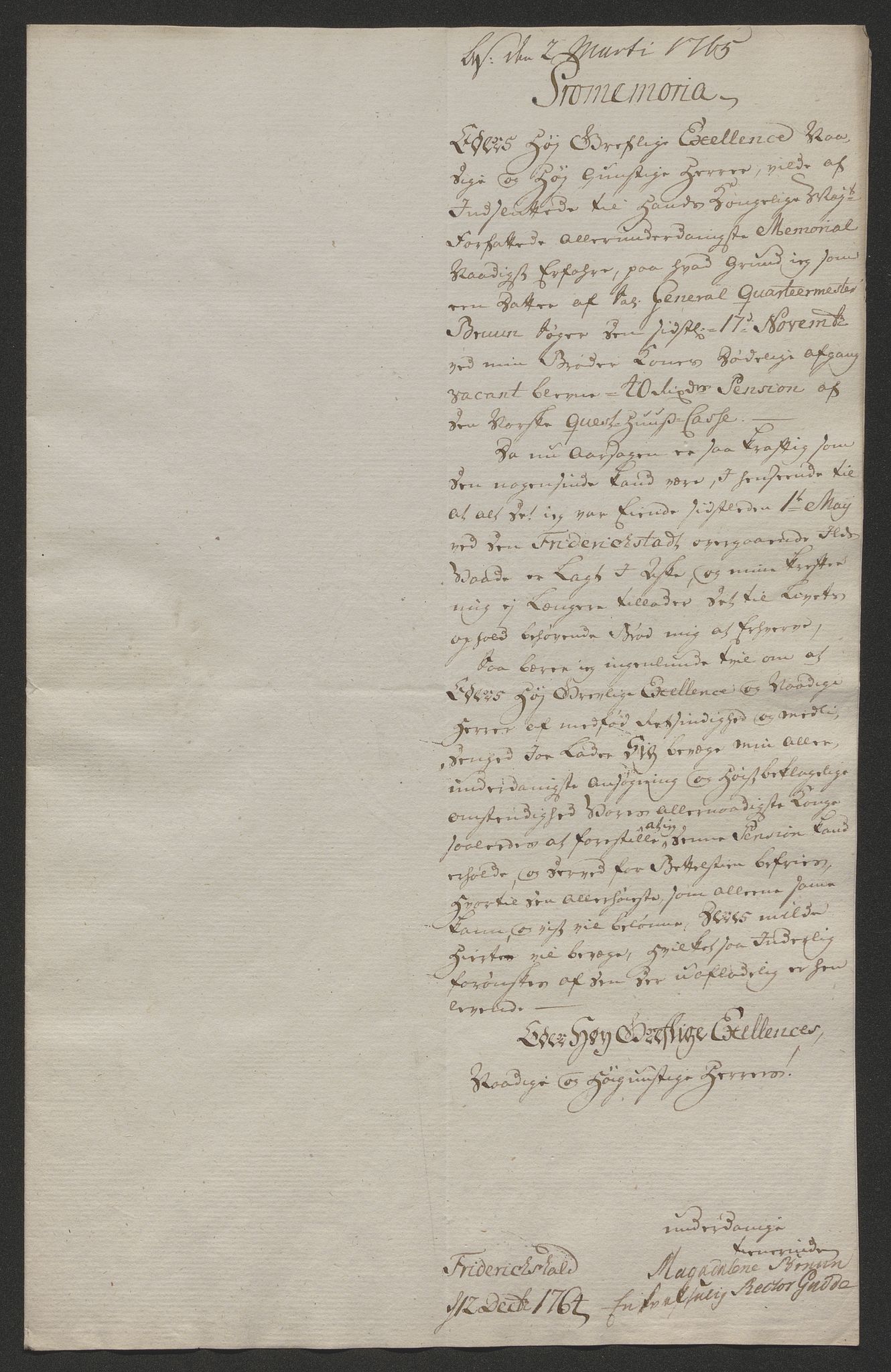 Forsvaret, Den norske kvesthuskasse/krigshospitalkasse, AV/RA-RAFA-1887/F/Fa/L0023: Ansøkninger om pensjon, pengelån m.v., 1765, p. 47