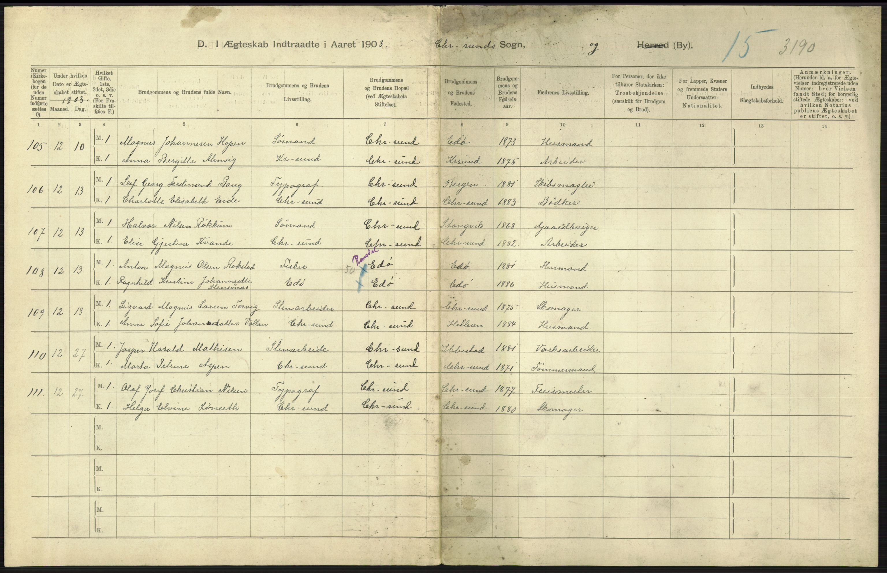 Statistisk sentralbyrå, Sosiodemografiske emner, Befolkning, AV/RA-S-2228/D/Df/Dfa/Dfaa/L0016: Romsdal amt: Fødte, gifte, døde., 1903, p. 707