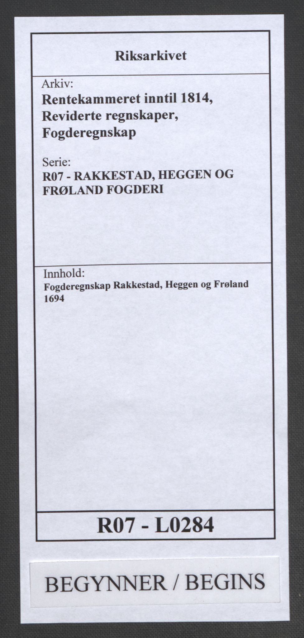 Rentekammeret inntil 1814, Reviderte regnskaper, Fogderegnskap, RA/EA-4092/R07/L0284: Fogderegnskap Rakkestad, Heggen og Frøland, 1694, p. 1