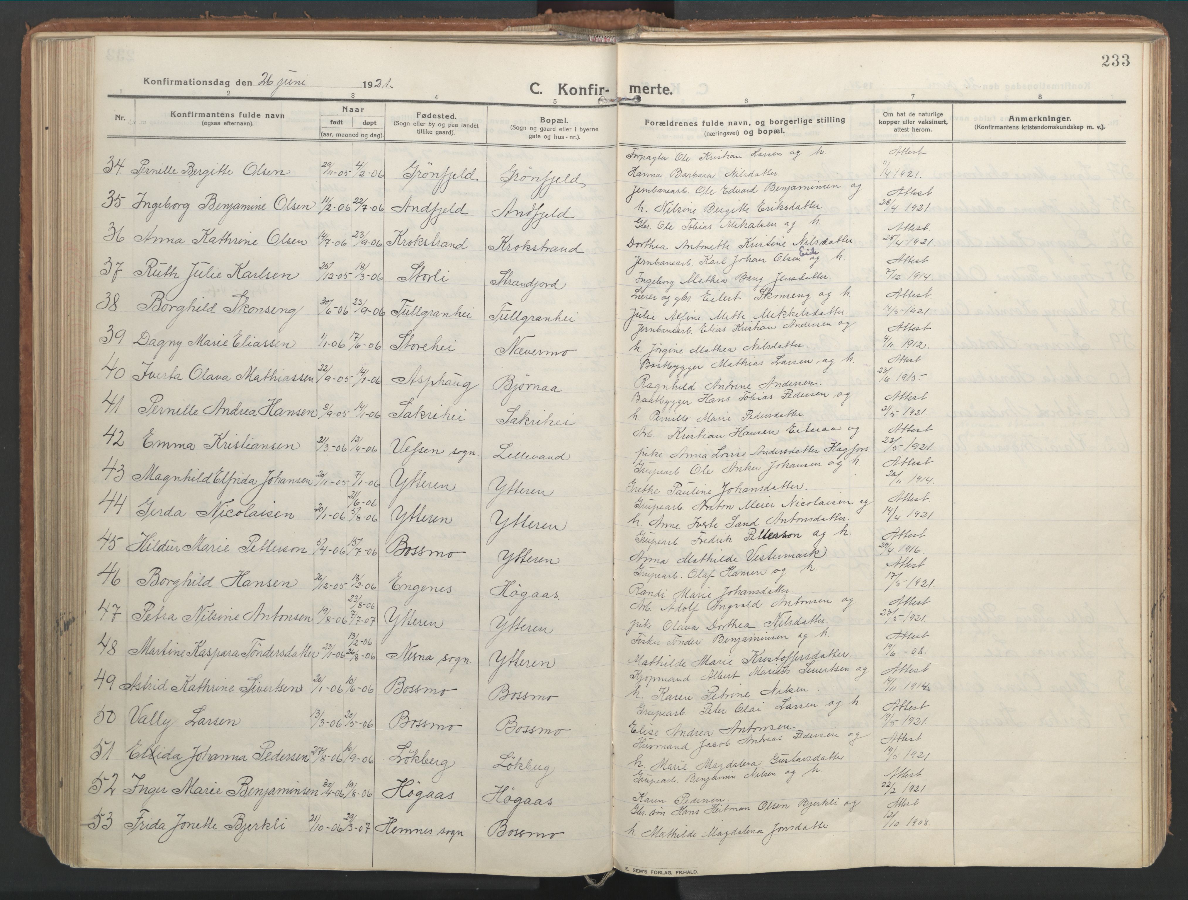 Ministerialprotokoller, klokkerbøker og fødselsregistre - Nordland, AV/SAT-A-1459/827/L0404: Parish register (official) no. 827A16, 1912-1925, p. 233