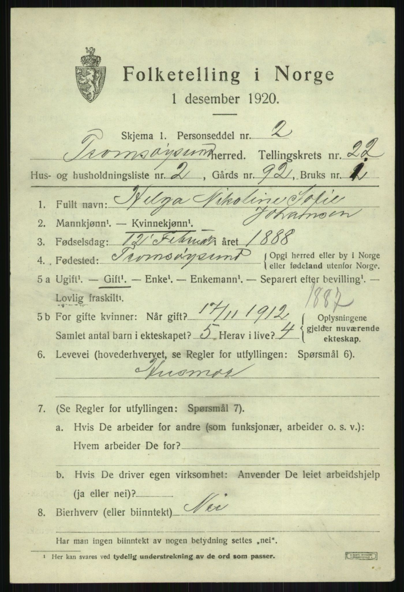 SATØ, 1920 census for Tromsøysund, 1920, p. 11282