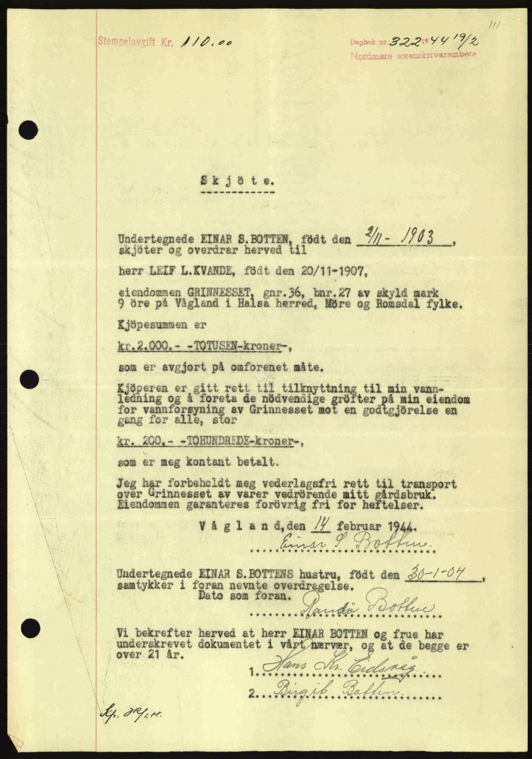 Nordmøre sorenskriveri, AV/SAT-A-4132/1/2/2Ca: Mortgage book no. A97, 1944-1944, Diary no: : 322/1944