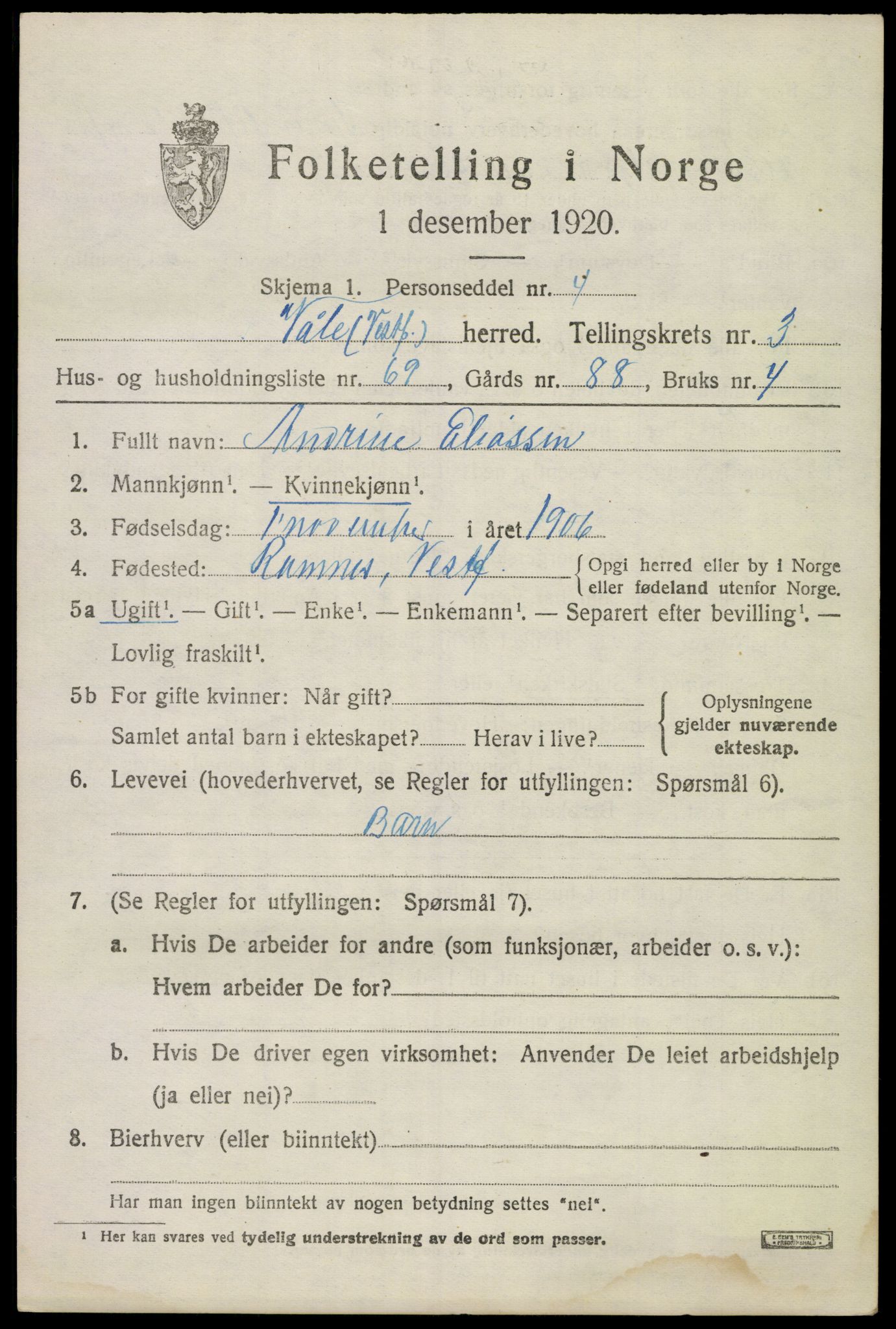 SAKO, 1920 census for Våle, 1920, p. 3134