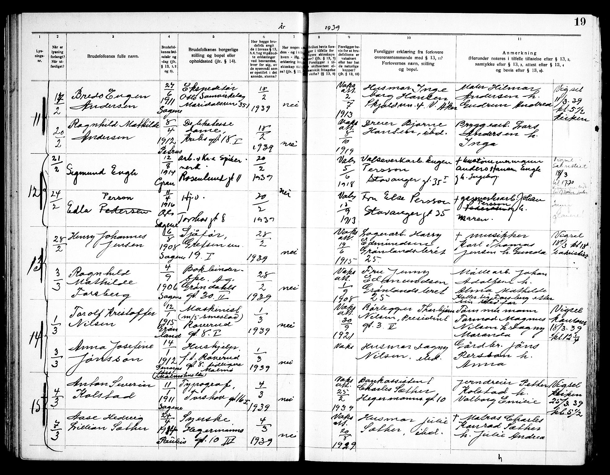 Torshov prestekontor Kirkebøker, AV/SAO-A-10238a/H/Ha/L0002: Banns register no. 2, 1938-1945, p. 19
