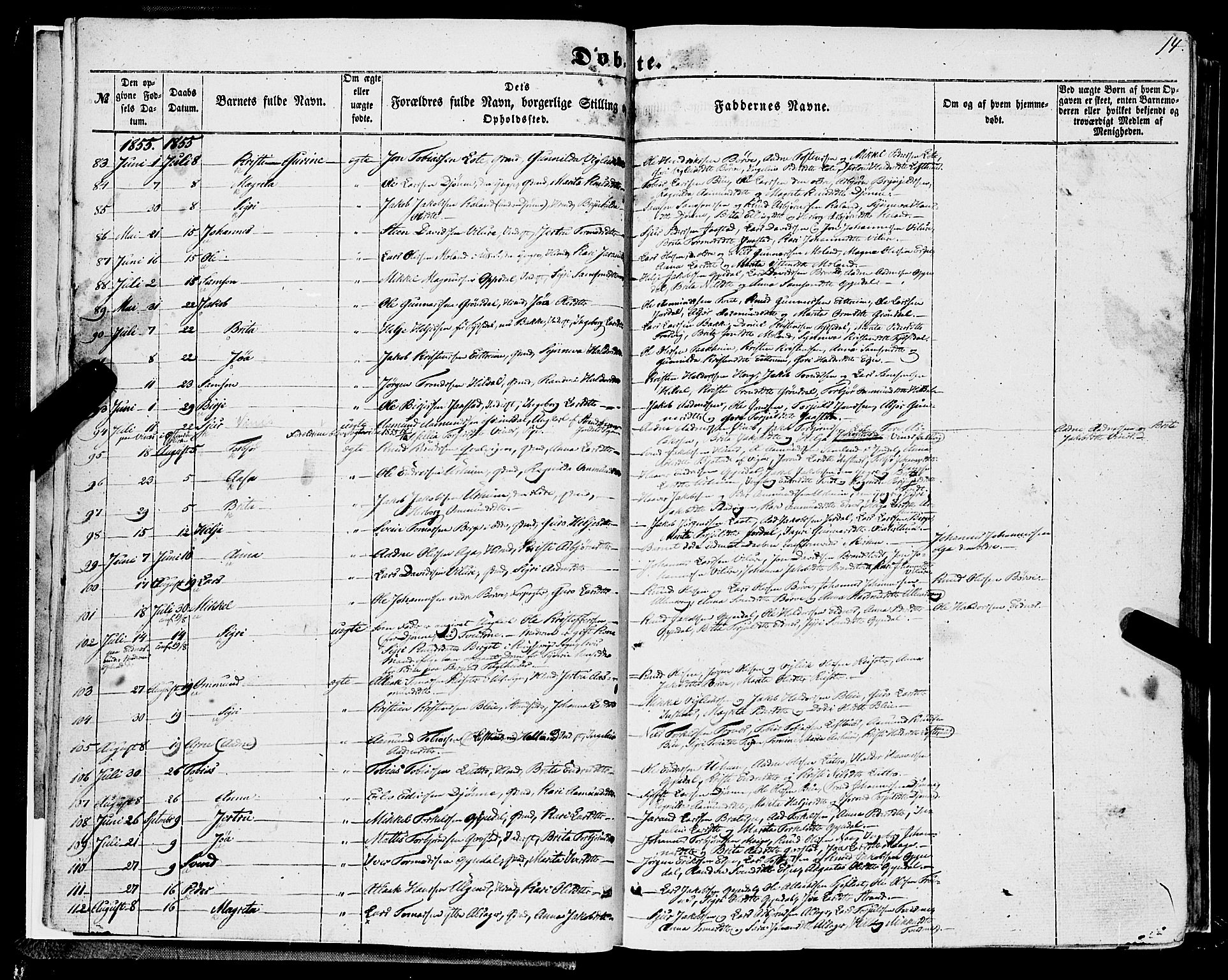 Ullensvang sokneprestembete, AV/SAB-A-78701/H/Haa: Parish register (official) no. A 11, 1854-1866, p. 14