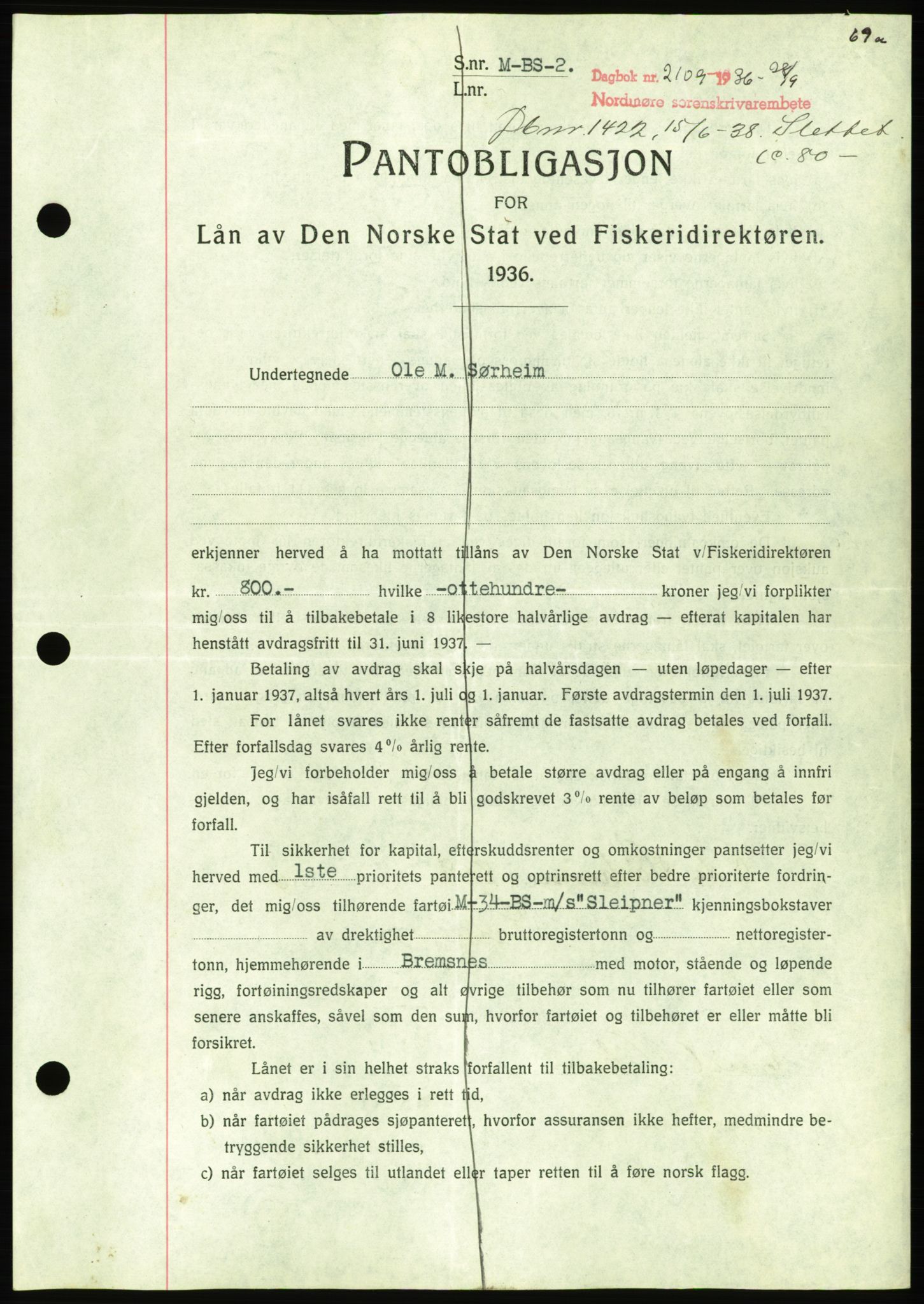 Nordmøre sorenskriveri, AV/SAT-A-4132/1/2/2Ca/L0090: Mortgage book no. B80, 1936-1937, Diary no: : 2109/1936