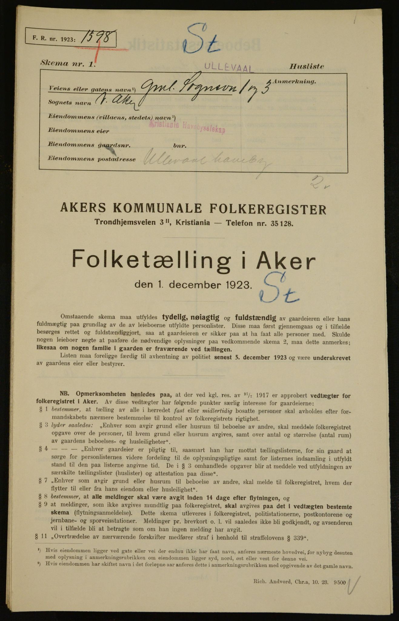 , Municipal Census 1923 for Aker, 1923, p. 17906