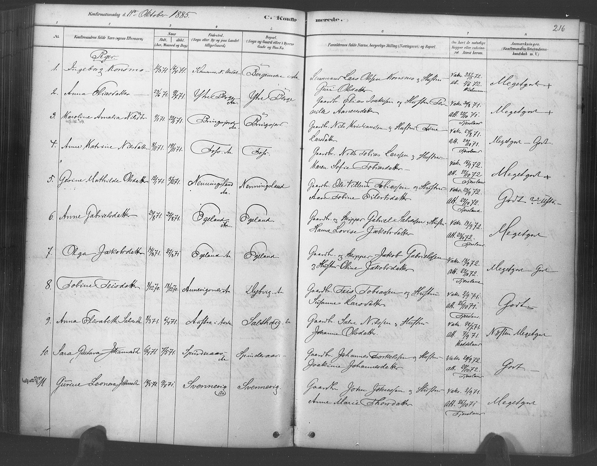 Lyngdal sokneprestkontor, AV/SAK-1111-0029/F/Fa/Fac/L0011: Parish register (official) no. A 11, 1878-1893, p. 216