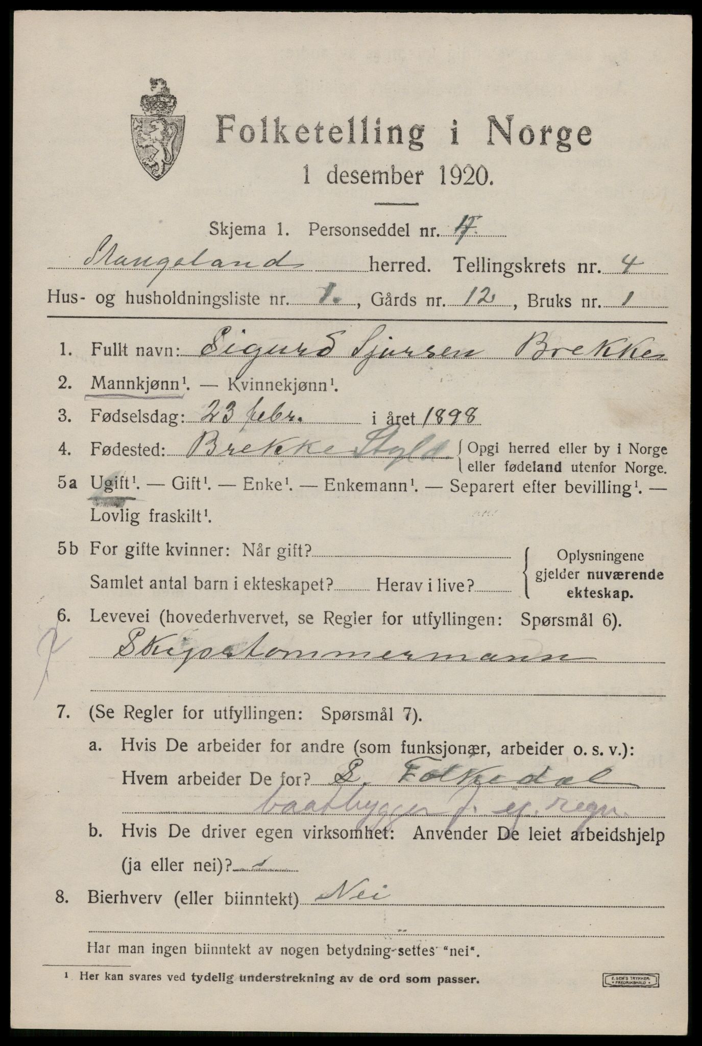 SAST, 1920 census for Stangaland, 1920, p. 2847