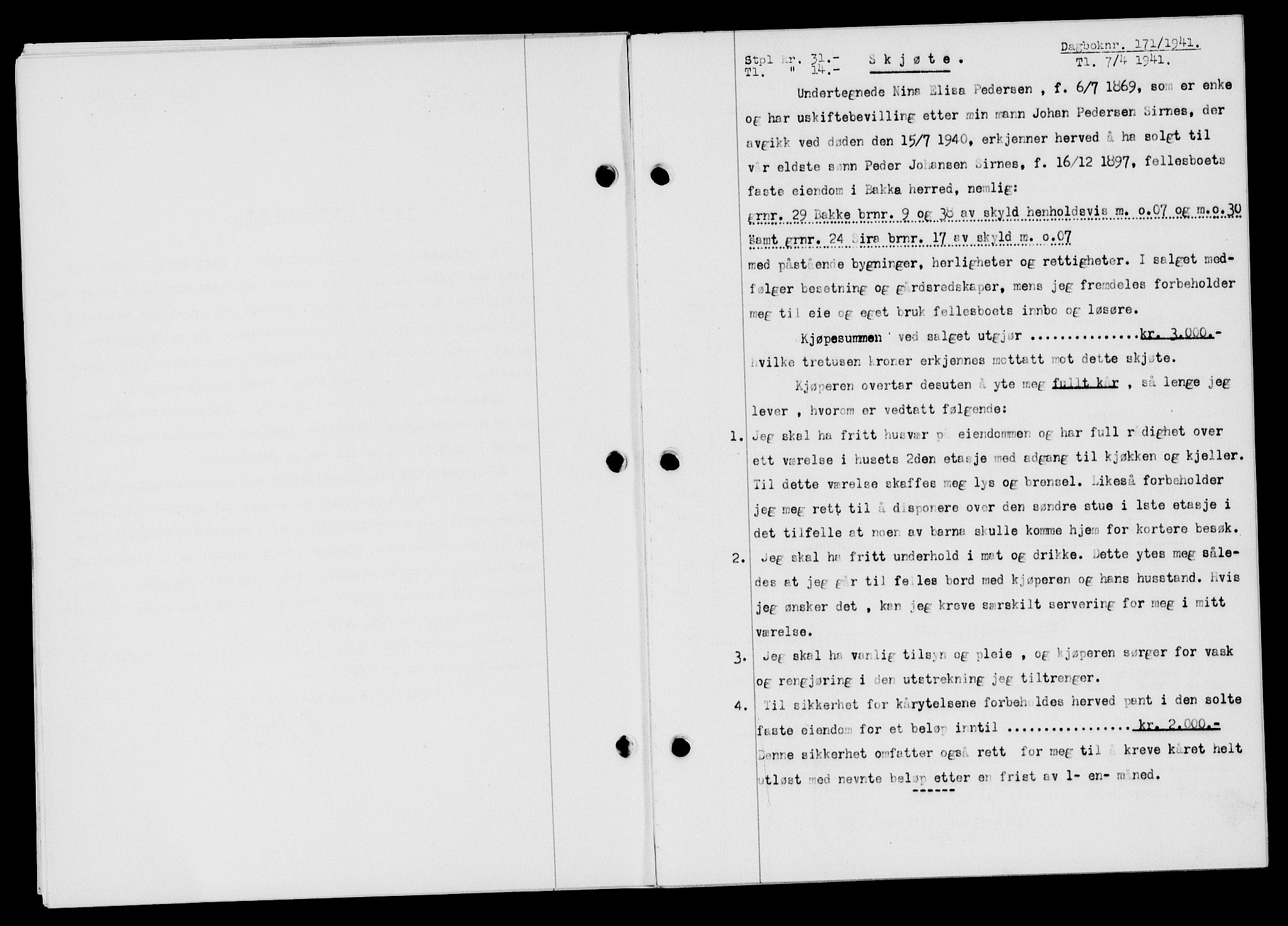 Flekkefjord sorenskriveri, AV/SAK-1221-0001/G/Gb/Gba/L0056: Mortgage book no. A-4, 1940-1941, Diary no: : 171/1941