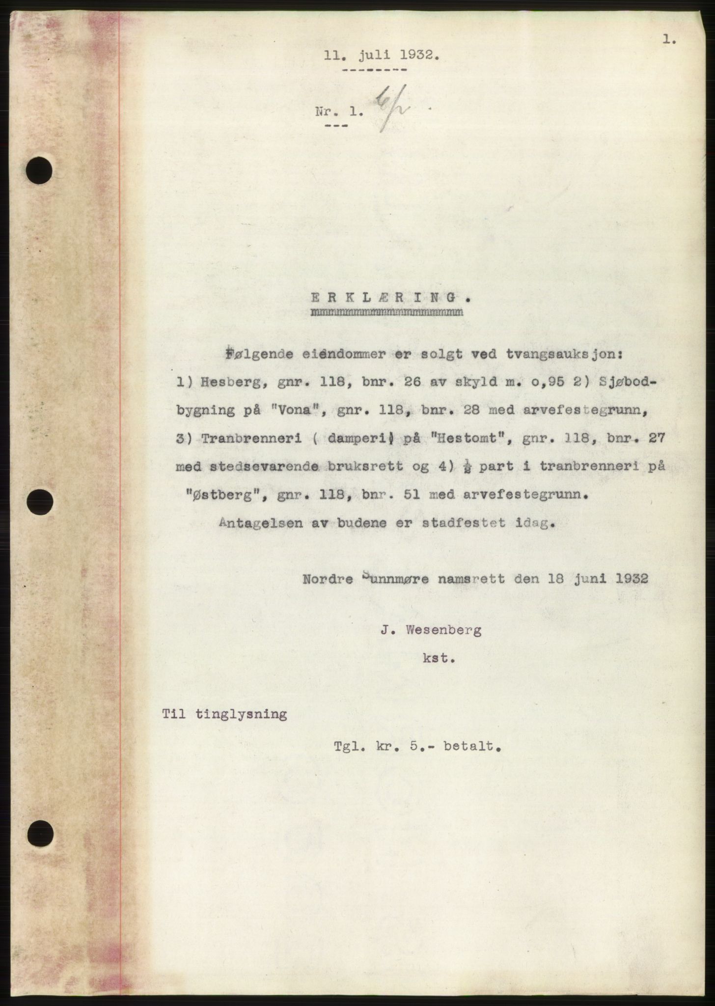 Nordre Sunnmøre sorenskriveri, AV/SAT-A-0006/1/2/2C/2Ca/L0051: Mortgage book no. 51, 1932-1932, Deed date: 11.07.1932