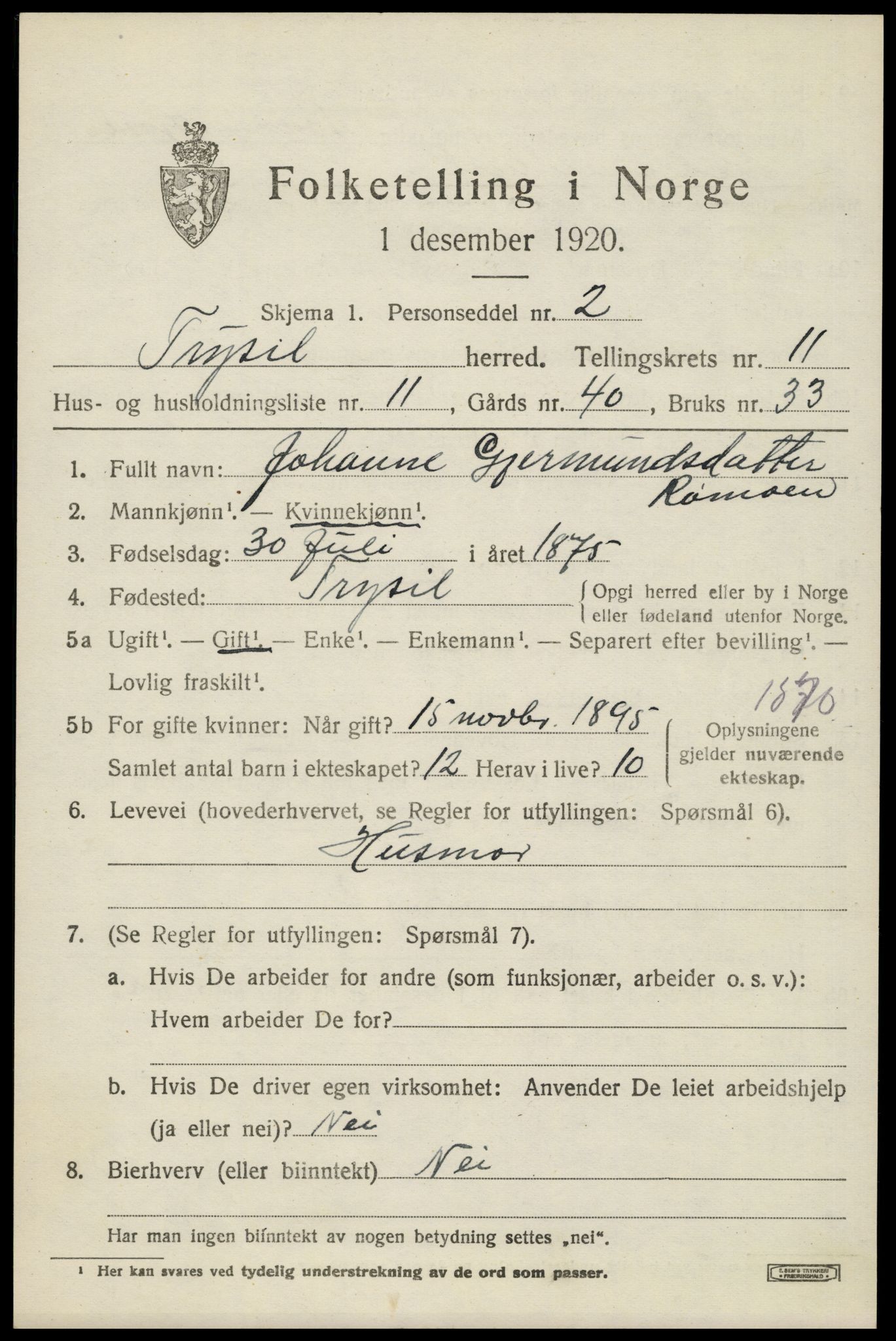 SAH, 1920 census for Trysil, 1920, p. 7077