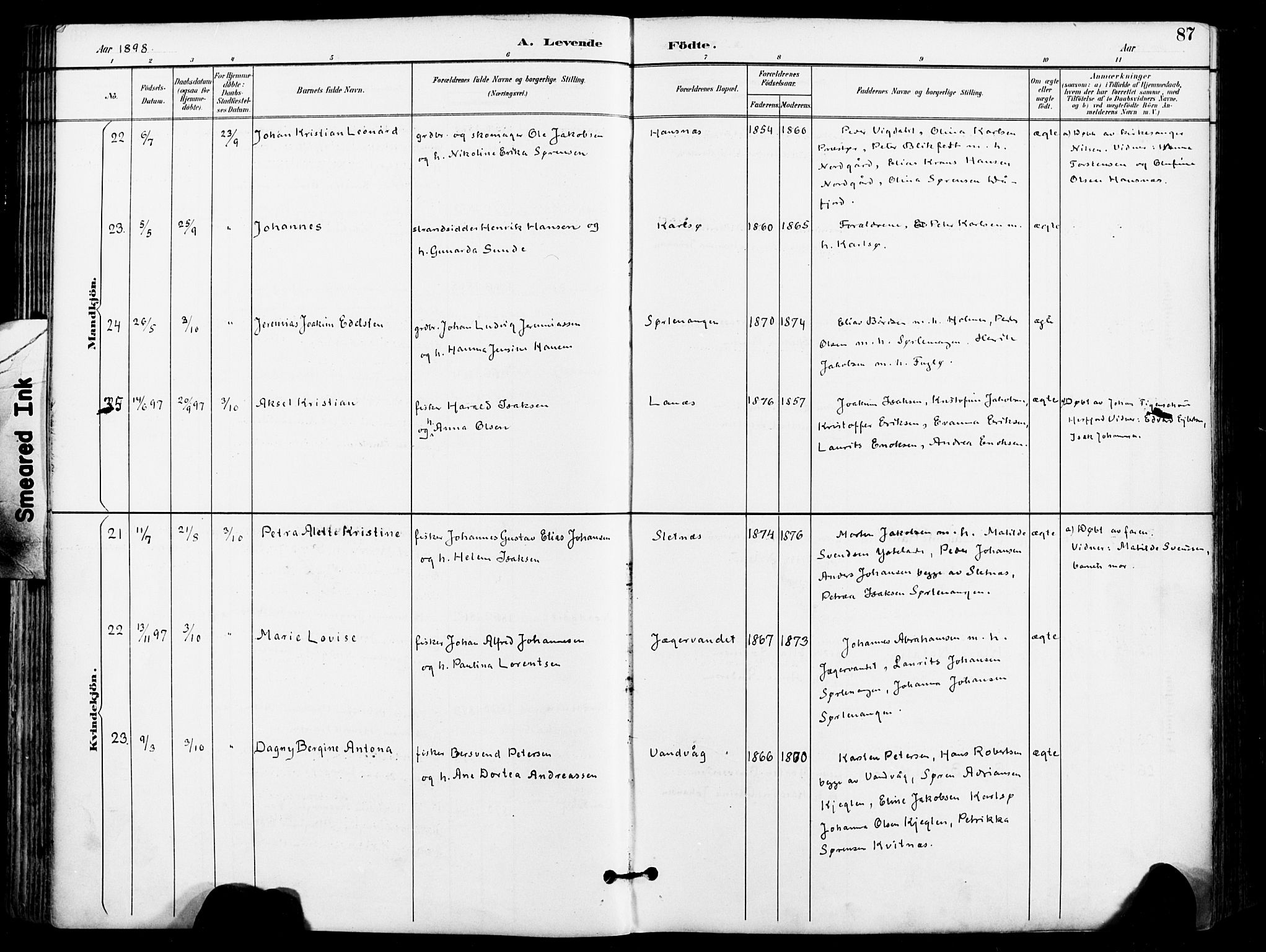 Karlsøy sokneprestembete, AV/SATØ-S-1299/H/Ha/Haa/L0007kirke: Parish register (official) no. 7, 1891-1902, p. 87