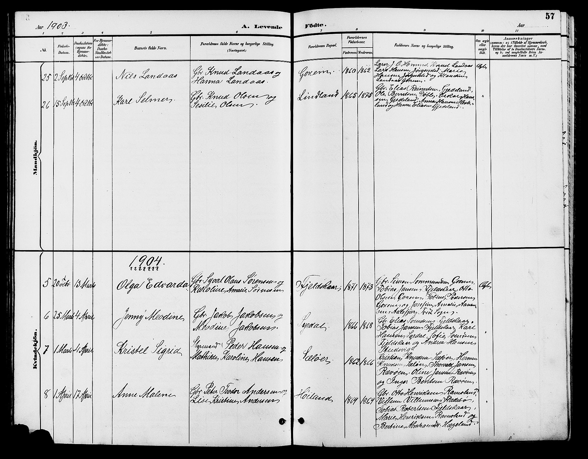 Sør-Audnedal sokneprestkontor, SAK/1111-0039/F/Fb/Fba/L0004: Parish register (copy) no. B 4, 1893-1909, p. 57