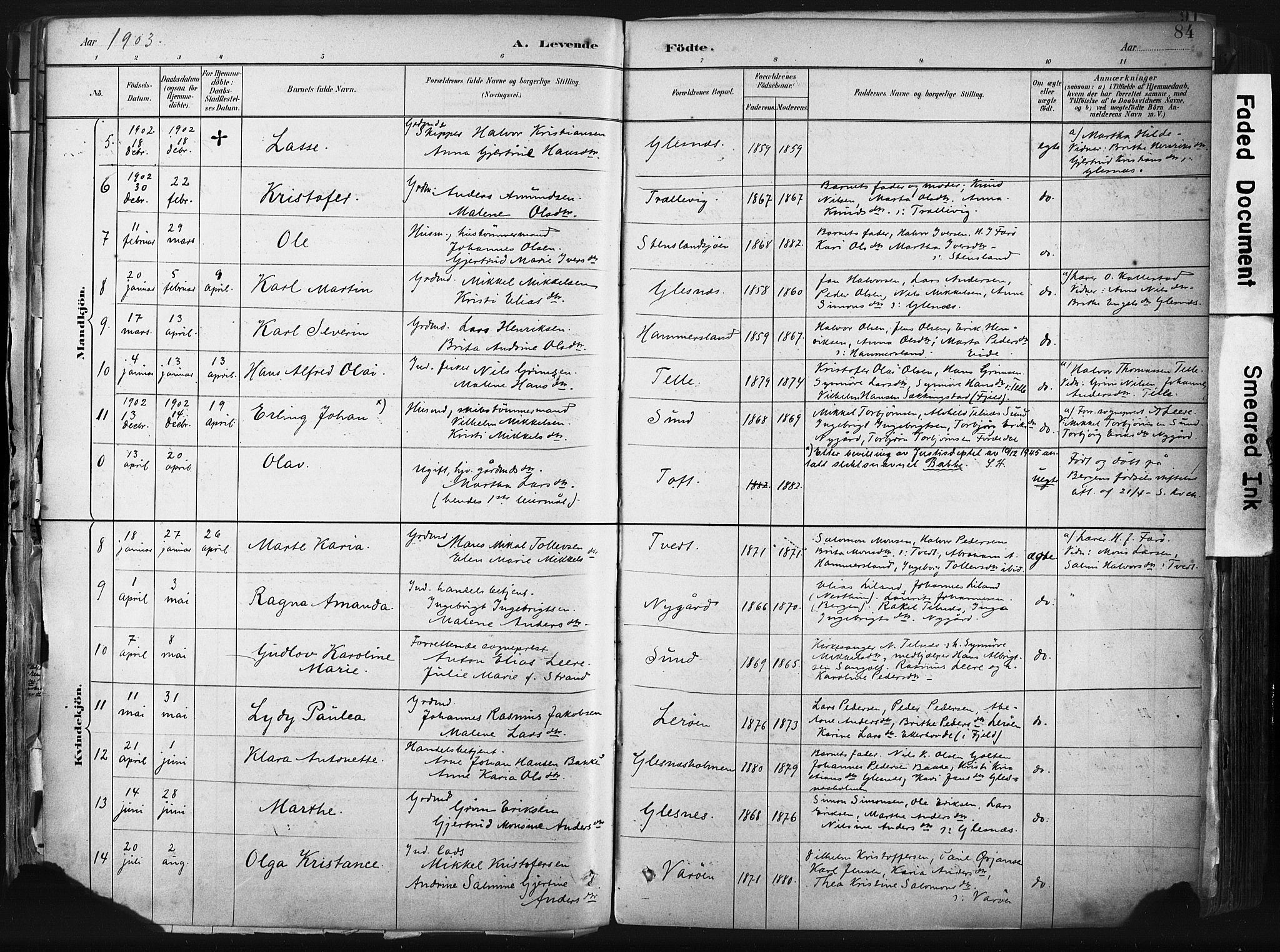 Sund sokneprestembete, SAB/A-99930: Parish register (official) no. B 1, 1882-1907, p. 84