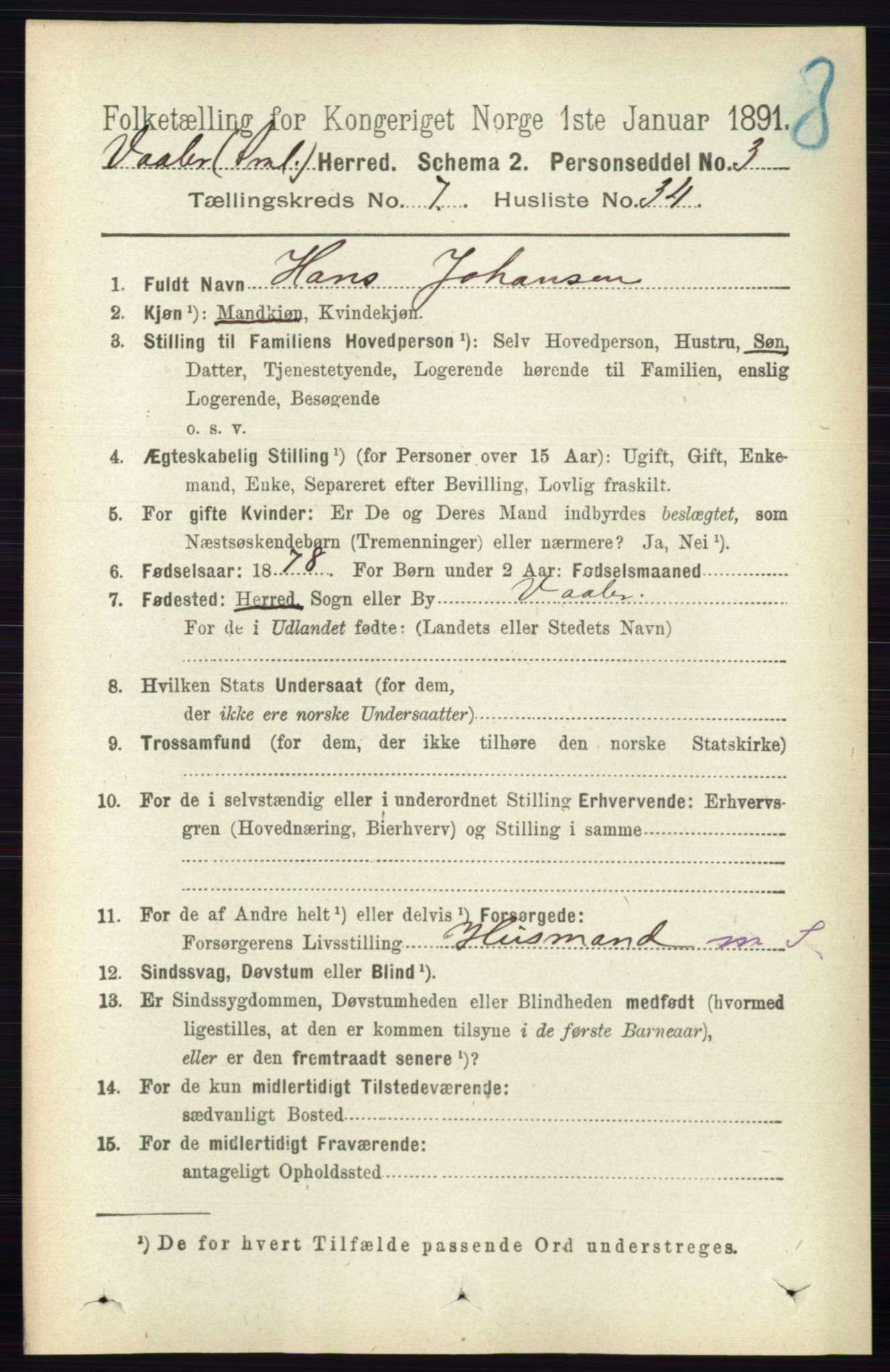 RA, 1891 census for 0137 Våler, 1891, p. 3061