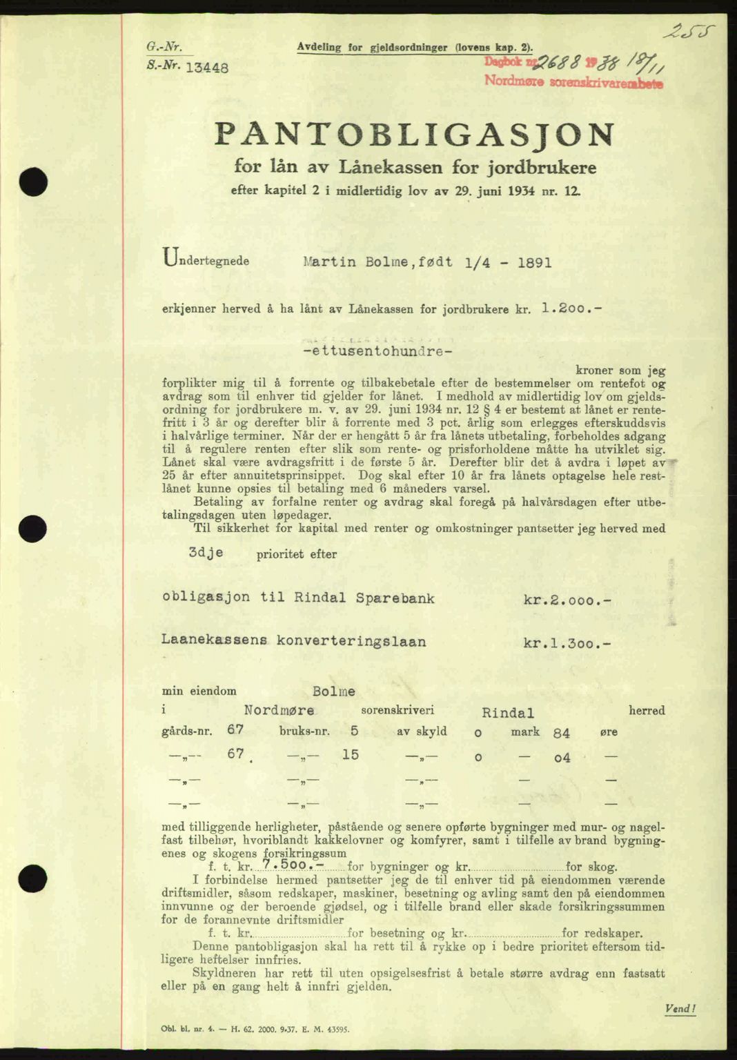 Nordmøre sorenskriveri, SAT/A-4132/1/2/2Ca: Mortgage book no. B84, 1938-1939, Diary no: : 2688/1938