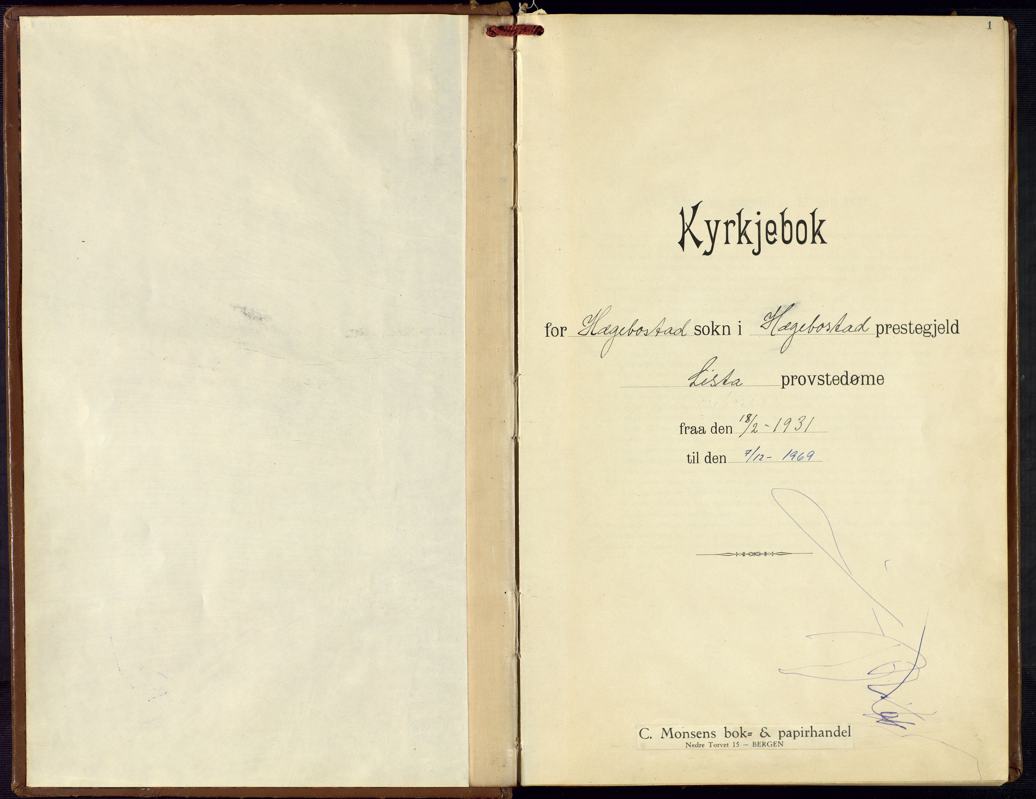 Hægebostad sokneprestkontor, SAK/1111-0024/F/Fb/Fba/L0006: Parish register (copy) no. B 6, 1931-1970, p. 1