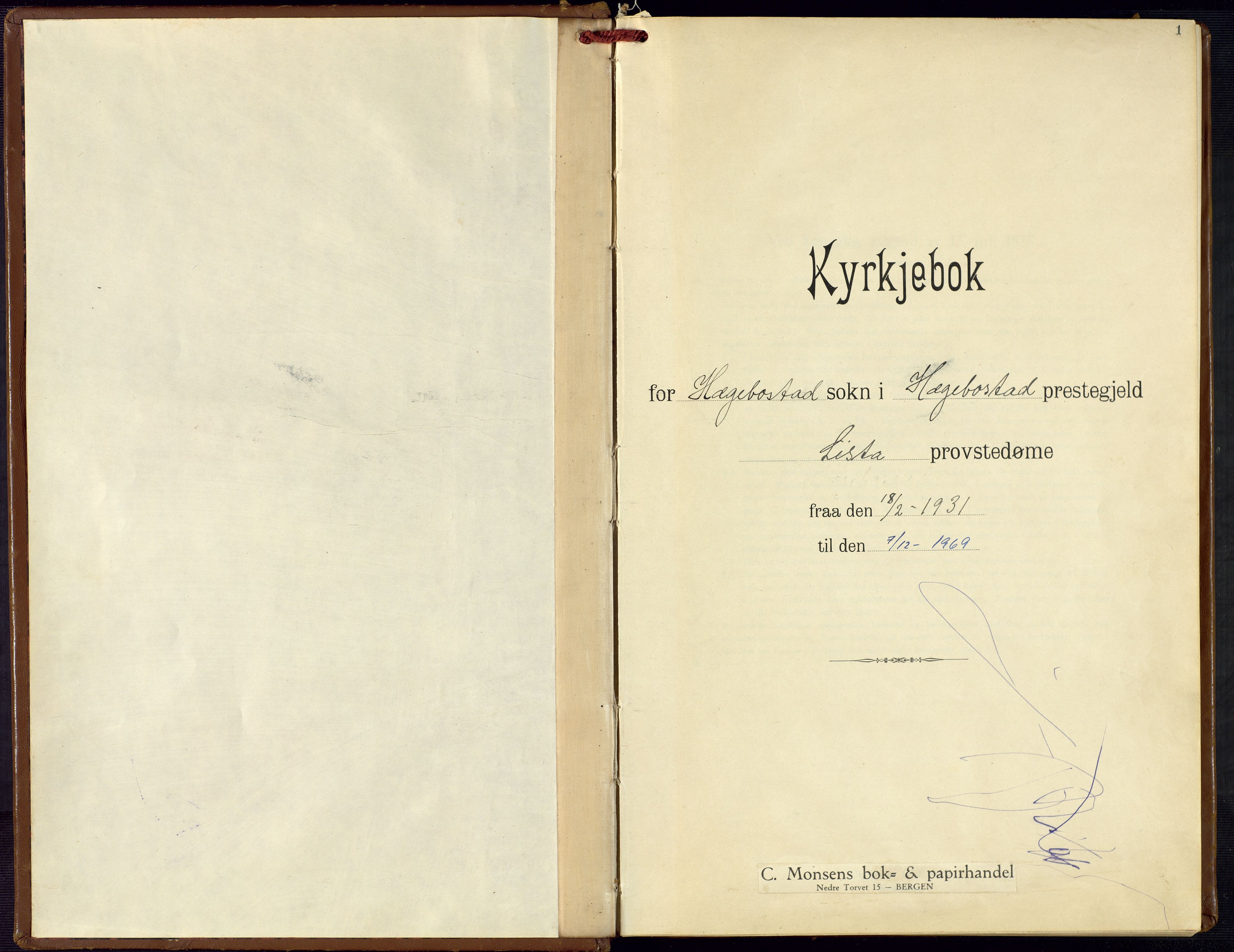 Hægebostad sokneprestkontor, AV/SAK-1111-0024/F/Fb/Fba/L0006: Parish register (copy) no. B 6, 1931-1970, p. 1