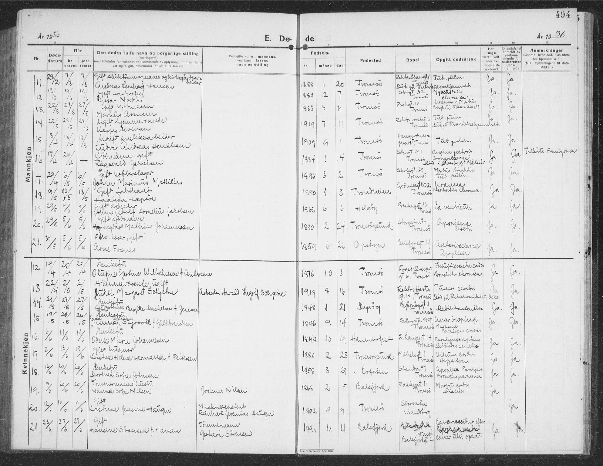 Tromsø sokneprestkontor/stiftsprosti/domprosti, AV/SATØ-S-1343/G/Gb/L0010klokker: Parish register (copy) no. 10, 1925-1937, p. 494