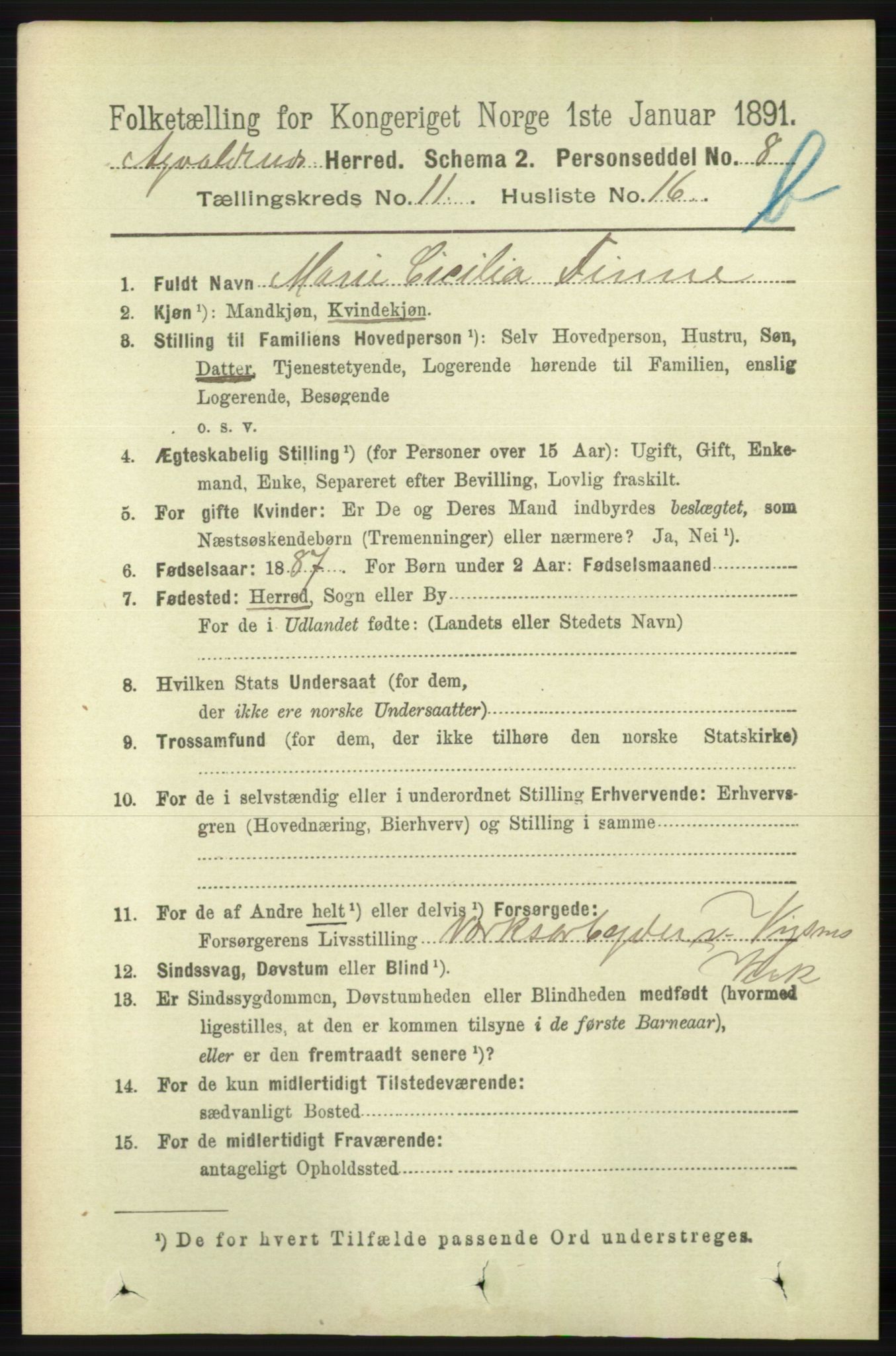 RA, 1891 census for 1147 Avaldsnes, 1891, p. 6426