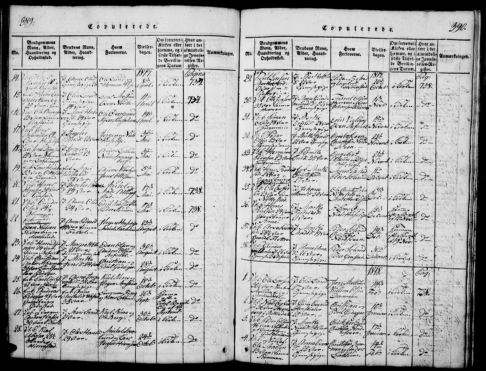 Stange prestekontor, SAH/PREST-002/L/L0001: Parish register (copy) no. 1, 1814-1825, p. 389-390