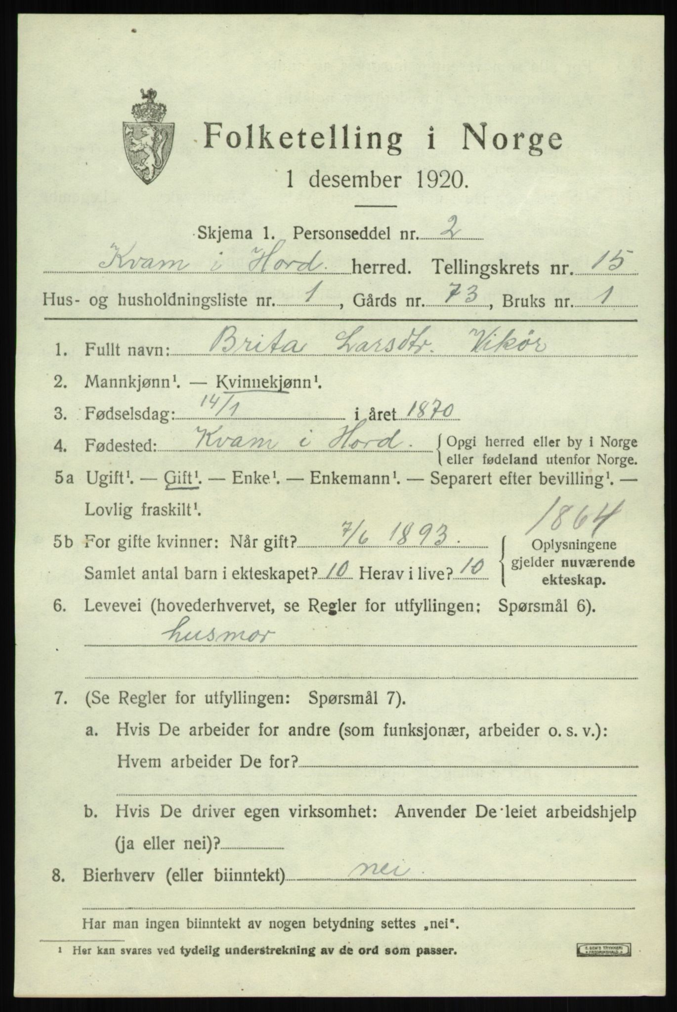 SAB, 1920 census for Kvam, 1920, p. 8663