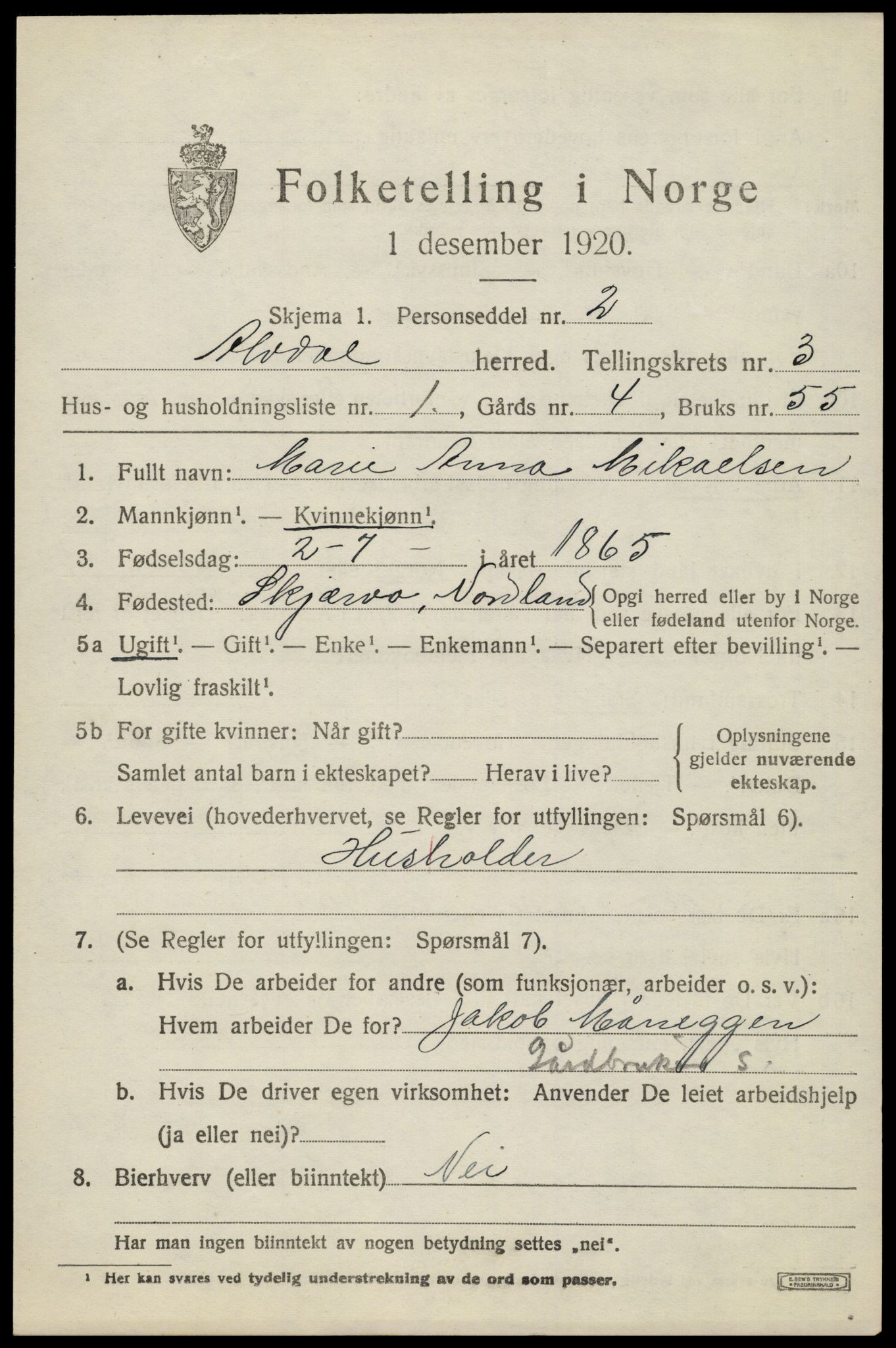 SAH, 1920 census for Alvdal, 1920, p. 1686