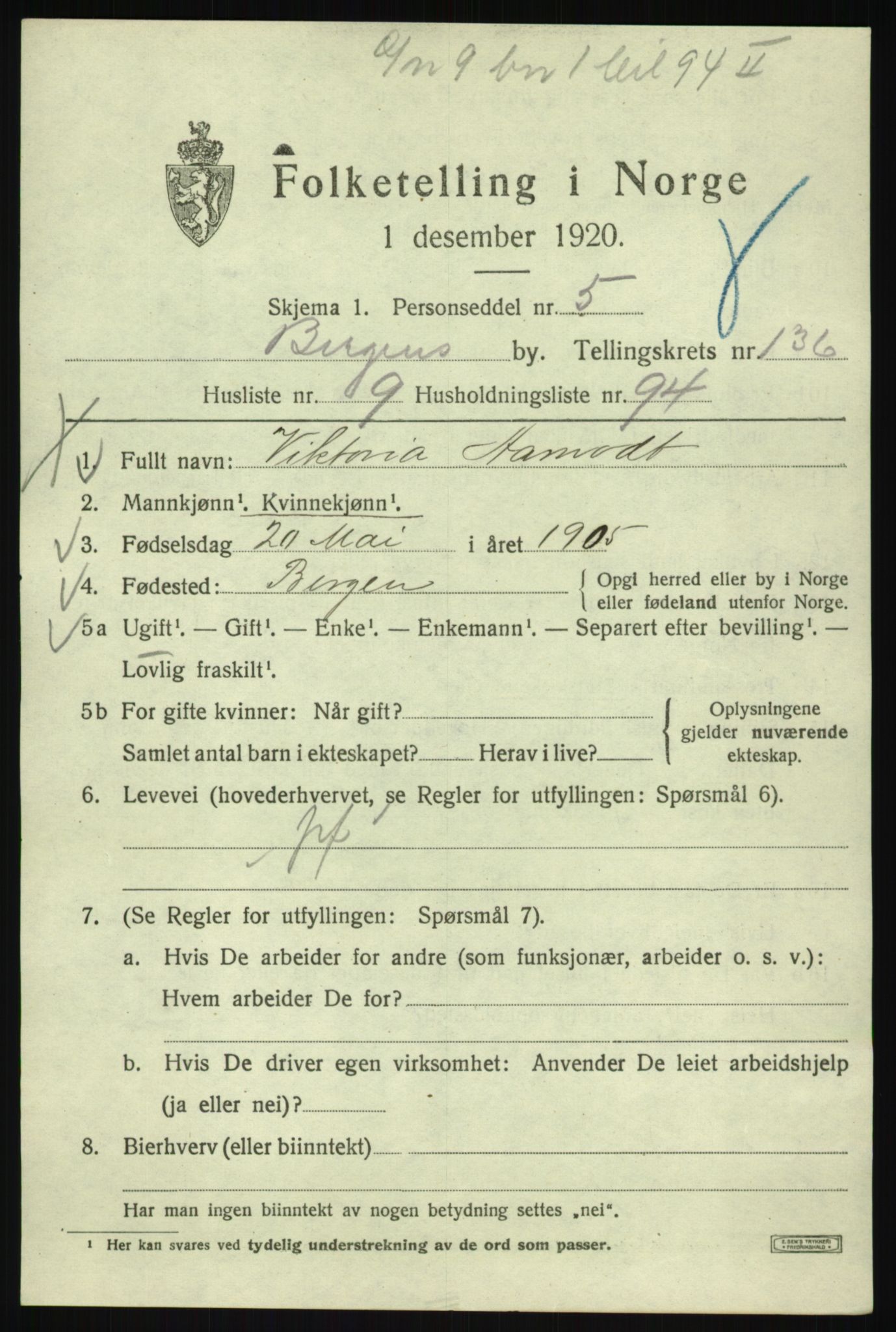 SAB, 1920 census for Bergen, 1920, p. 229662