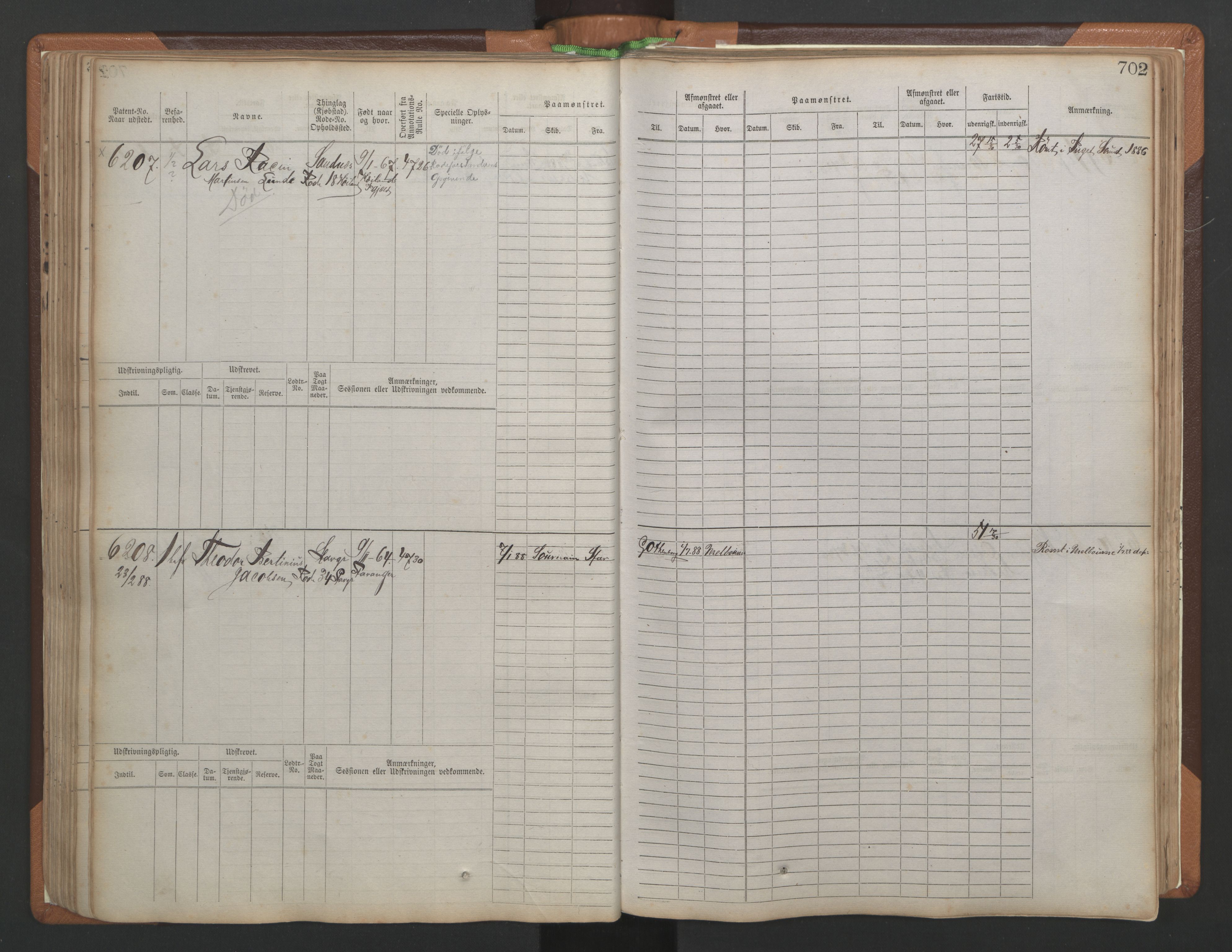 Stavanger sjømannskontor, AV/SAST-A-102006/F/Fb/Fbb/L0010: Sjøfartshovedrulle, patentnr. 6007-6606 (del 1), 1887-1896, p. 106