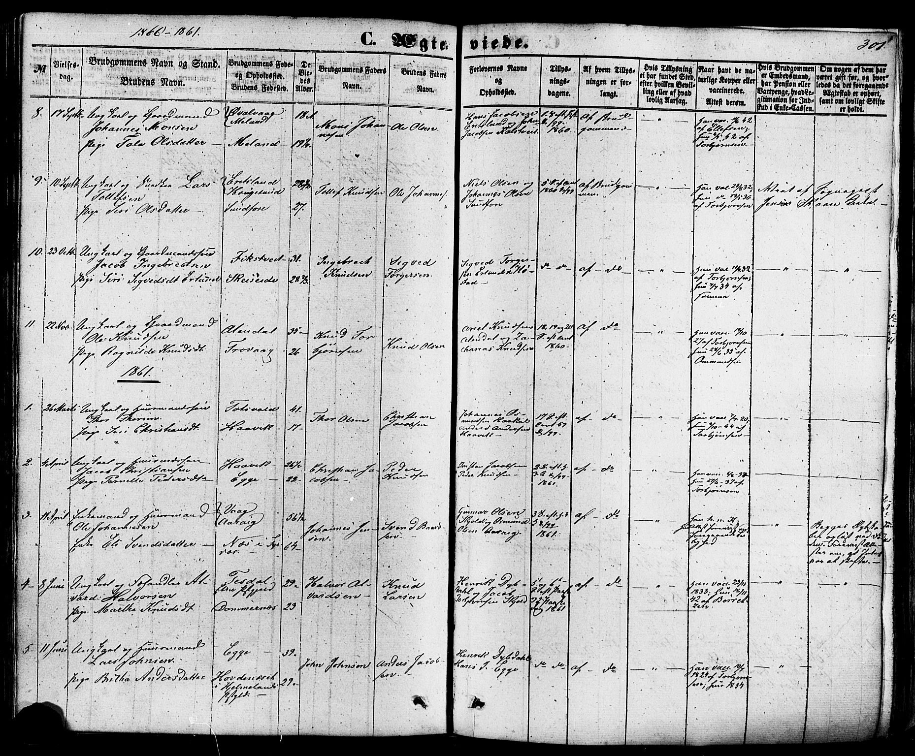 Skjold sokneprestkontor, AV/SAST-A-101847/H/Ha/Haa/L0008: Parish register (official) no. A 8, 1856-1882, p. 301