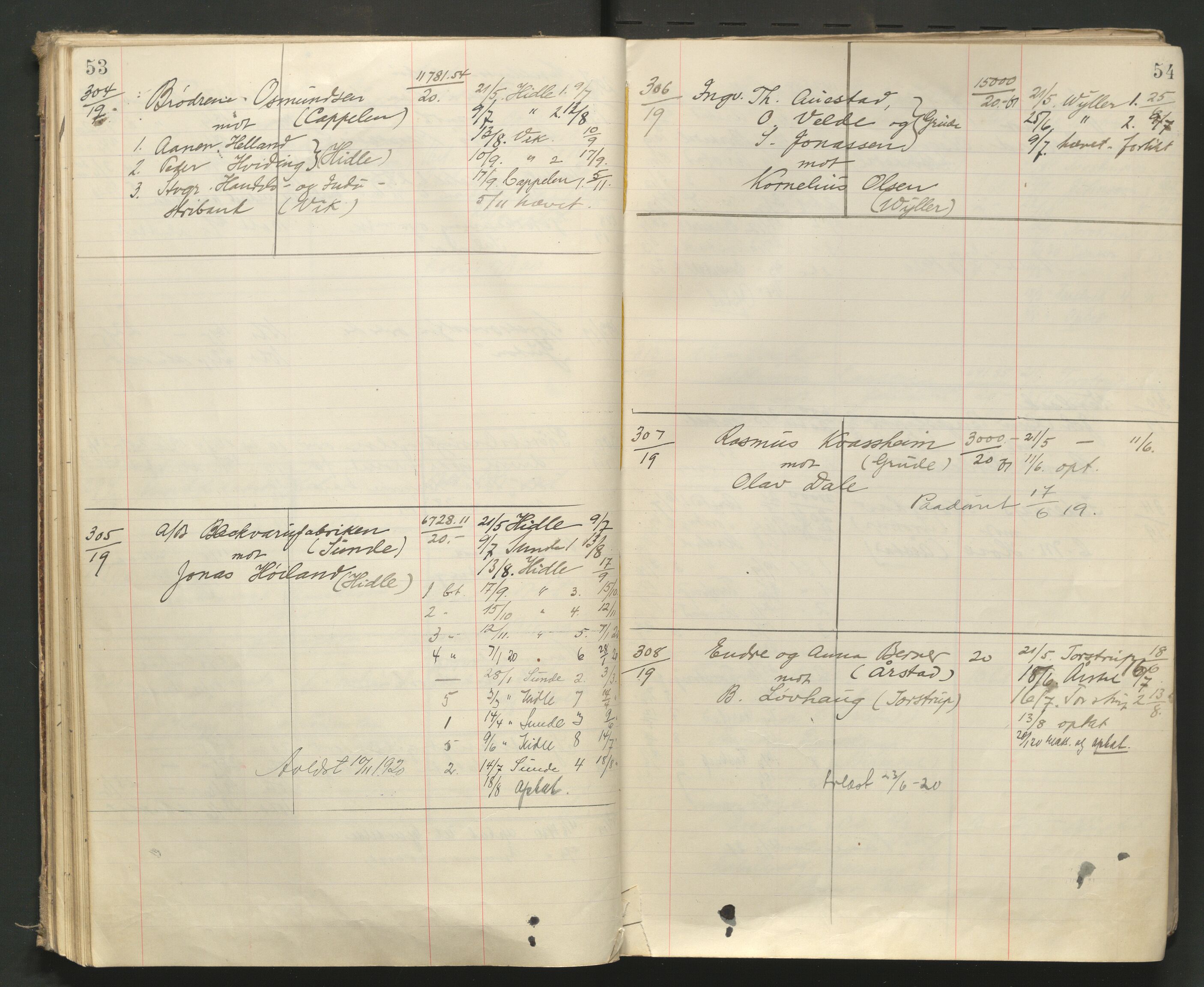 Stavanger byfogd, AV/SAST-A-101408/001/3/32/32A/L0008: Saksliste for Stavanger byting, 1919-1920, p. 53-54