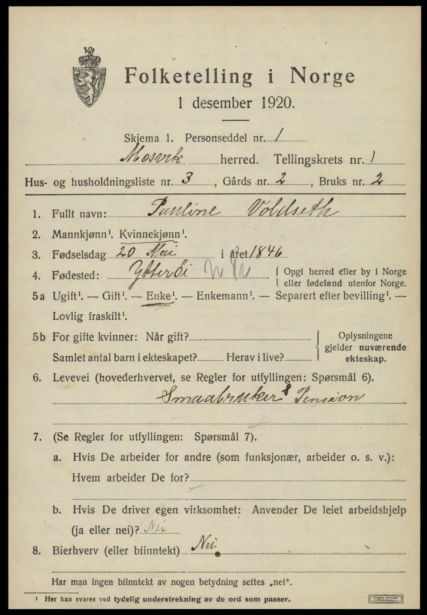 SAT, 1920 census for Mosvik, 1920, p. 392