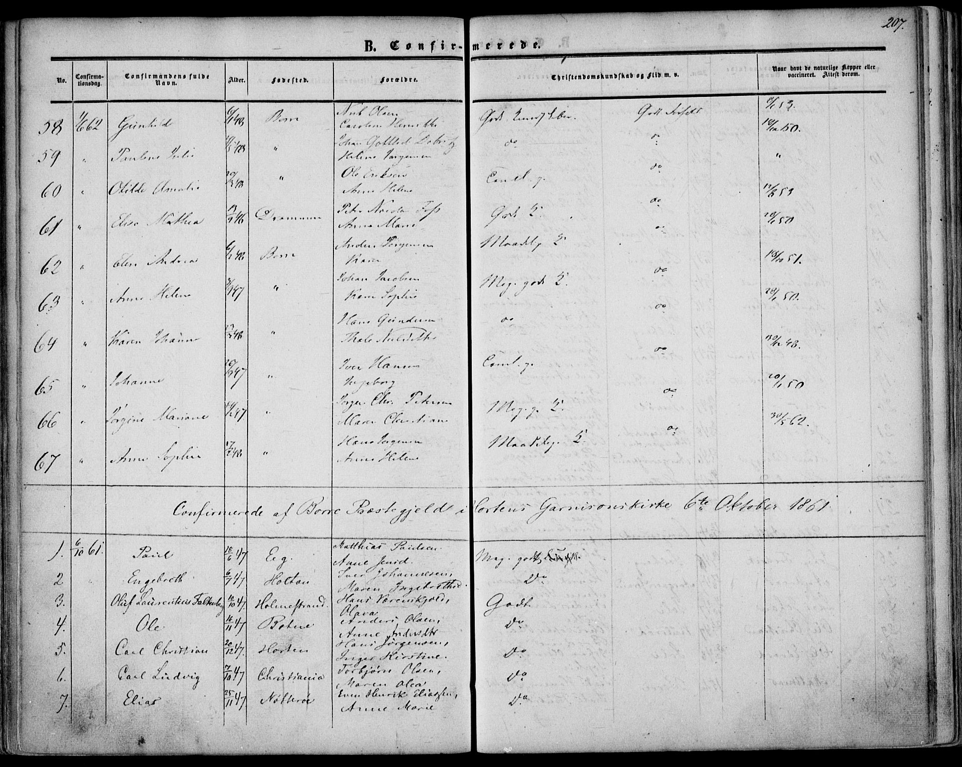 Borre kirkebøker, AV/SAKO-A-338/F/Fa/L0006: Parish register (official) no. I 6, 1852-1862, p. 207